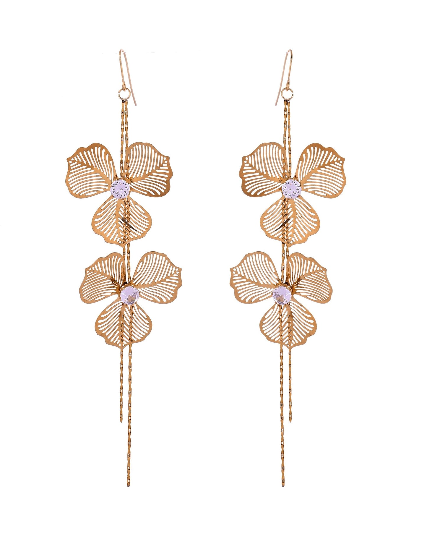 VOJ Gold Toned Floral Design With Tassel Drop Earrings