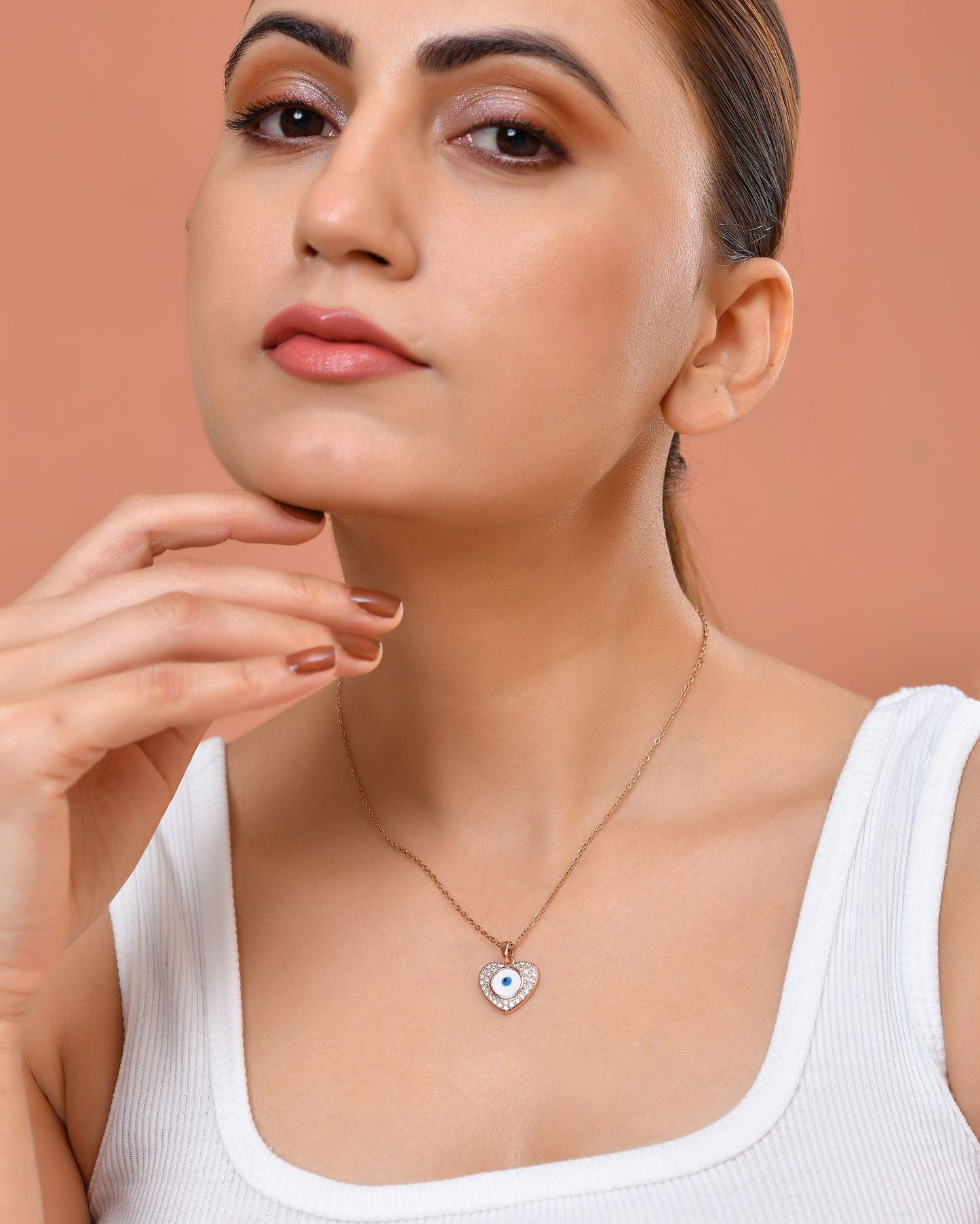 VOJ Gold Plated Heart Shaped Ad Stone Studded Evil Eye Pendant With Chain