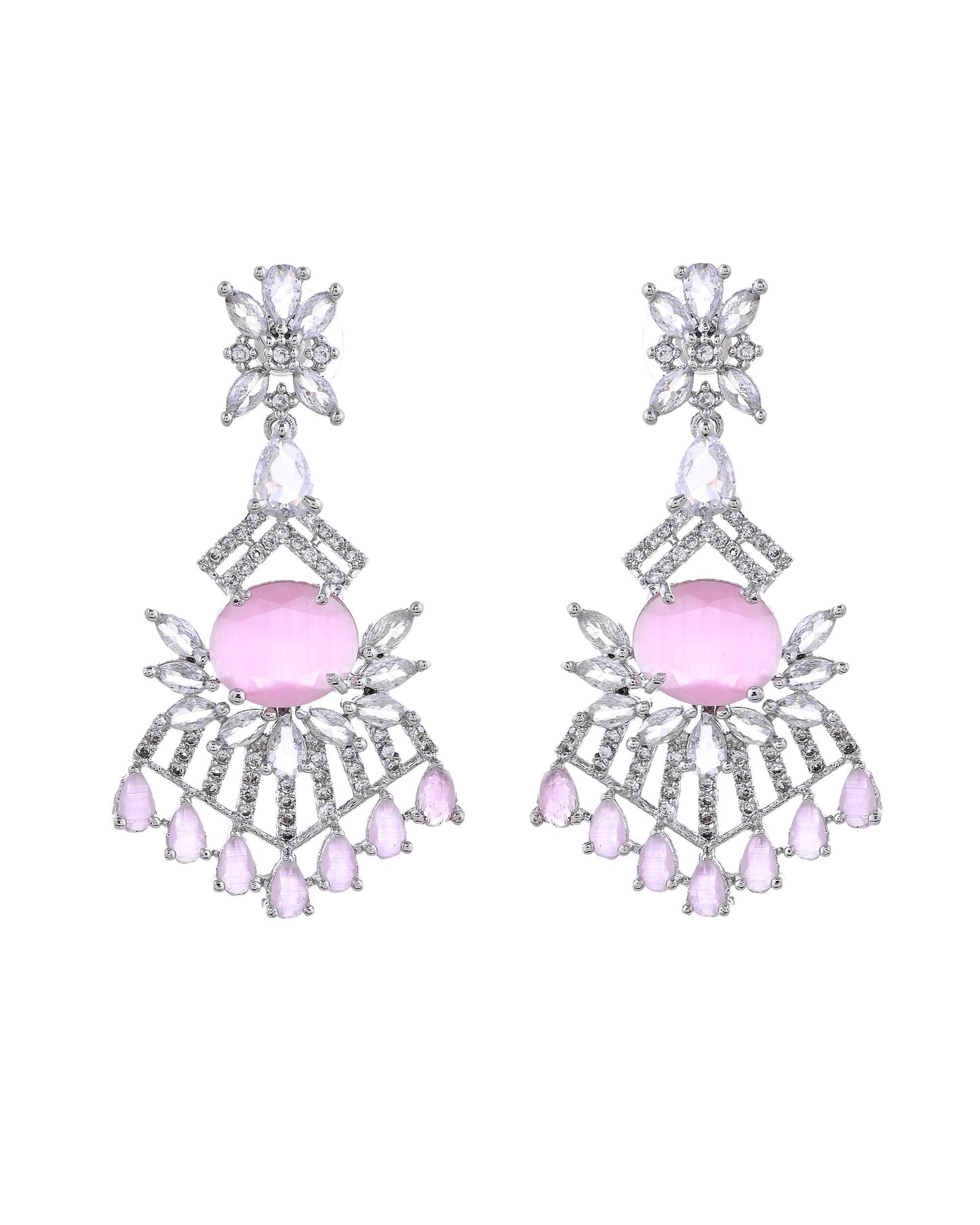 VOJ Silver Toned Cz Stone Studded Baby Pink Jewellery Set