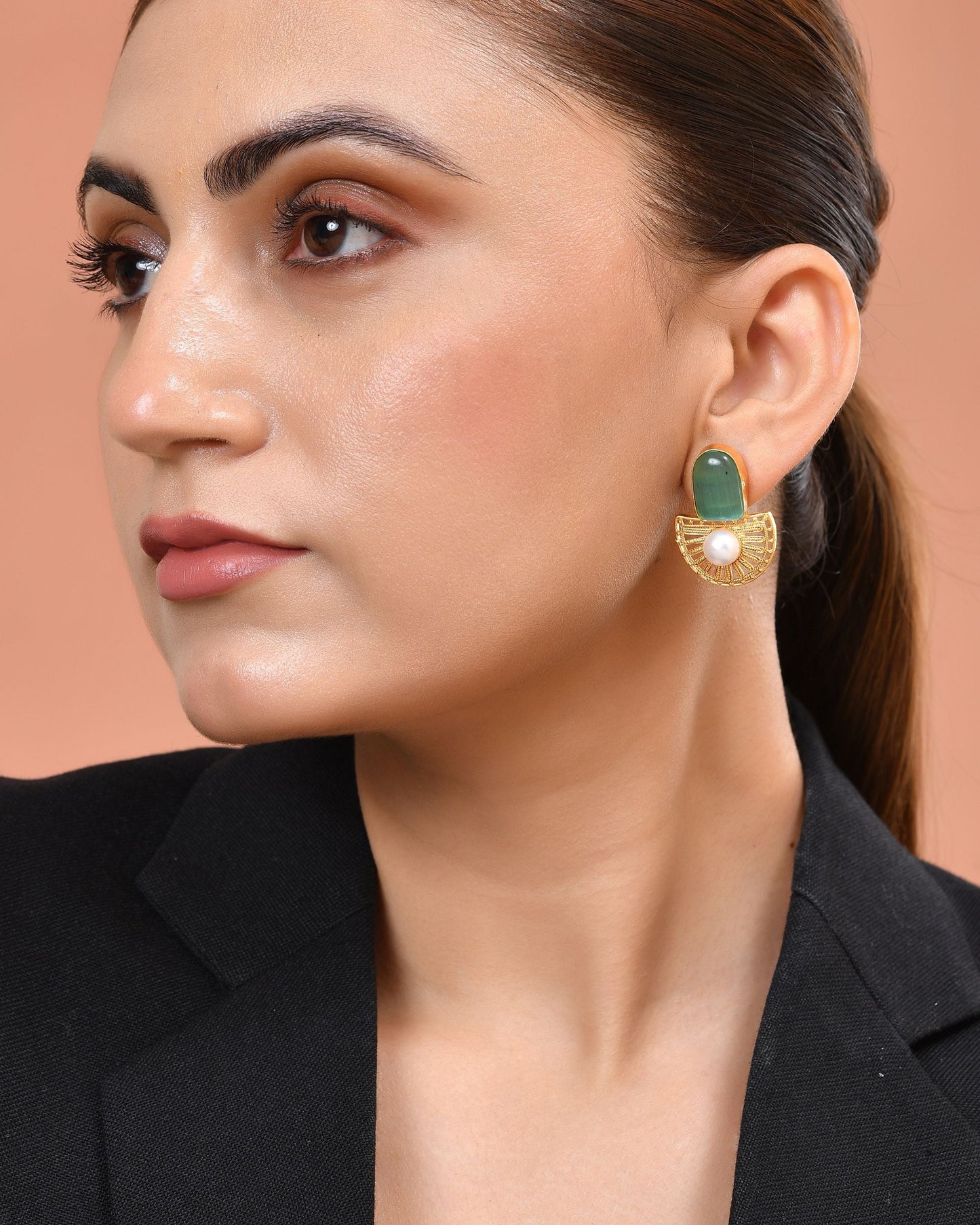VOJ Gold Plated Teal Green Stone And Pearl Dome Shaped Studs Earrings