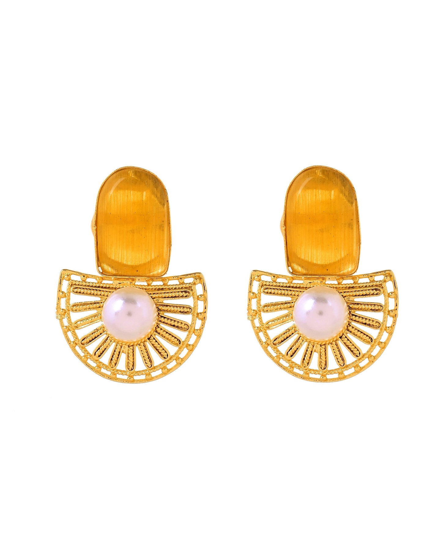 VOJ Gold Plated Yellow Stone And Pearl Dome Shaped Studs Earrings