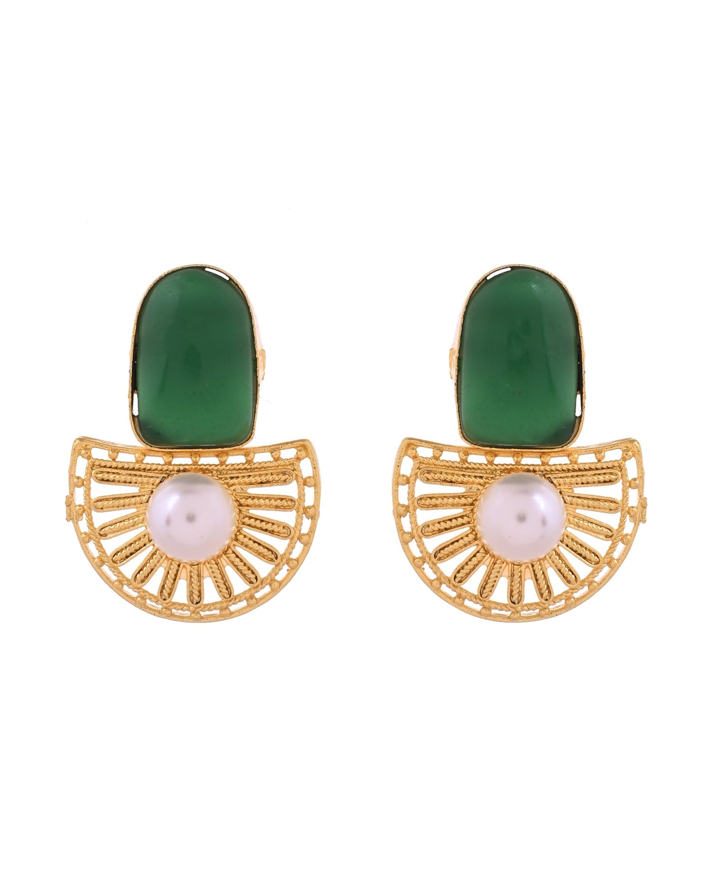 VOJ Gold Plated Green Stone And Pearl Dome Shaped Studs Earrings