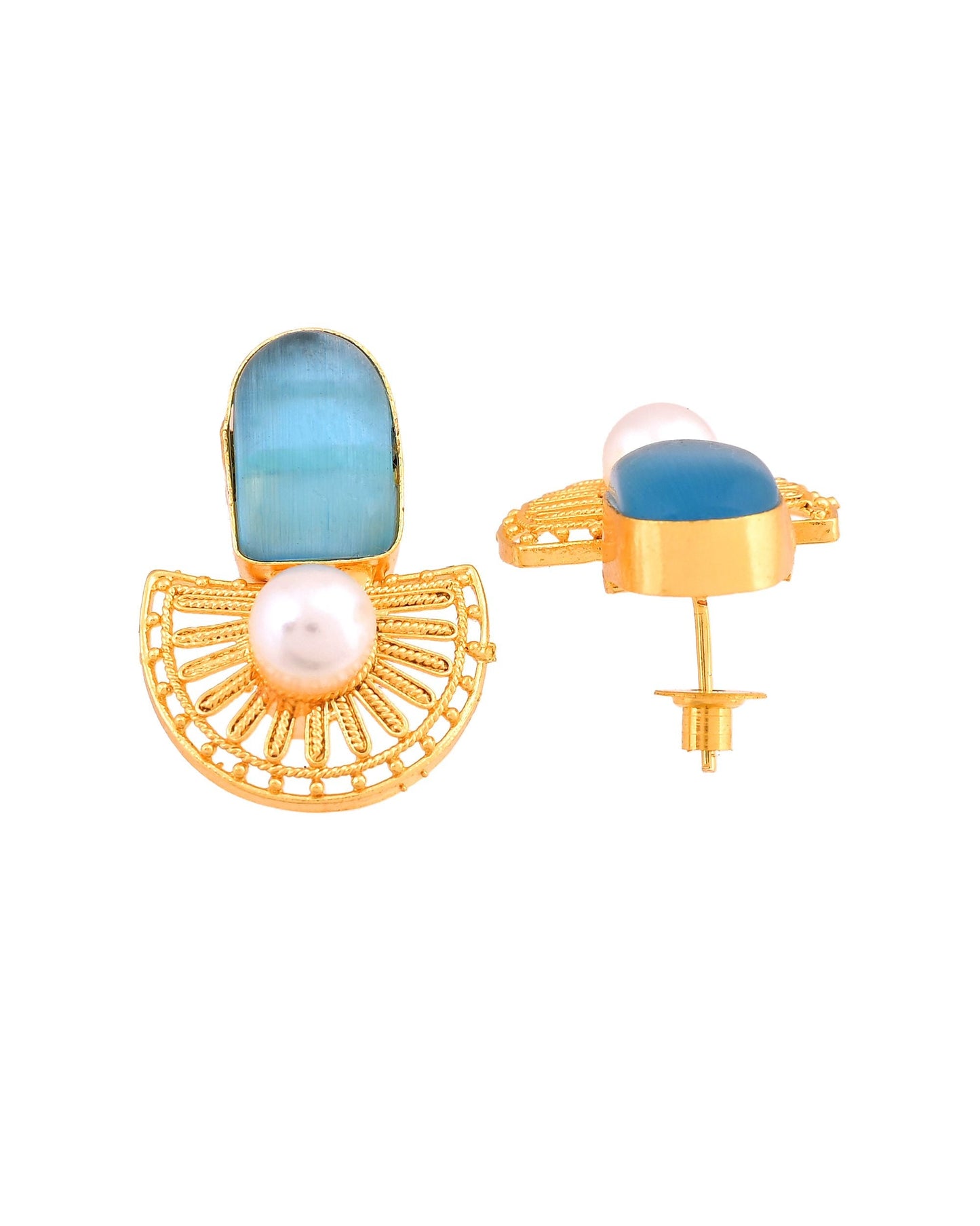 VOJ Gold Plated Sky Blue Stone And Pearl Dome Shaped Studs Earrings