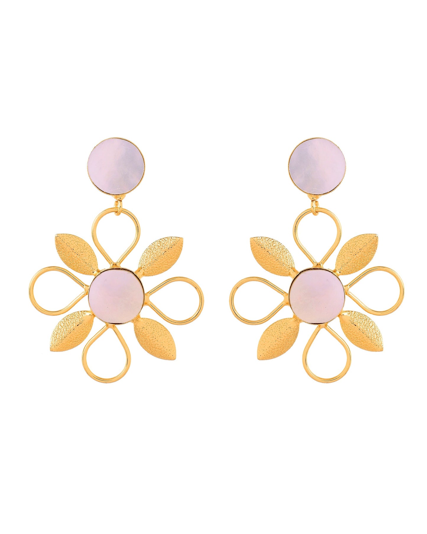 VOJ Gold Plated Floral Shaped Stone Studded Drop Earrings