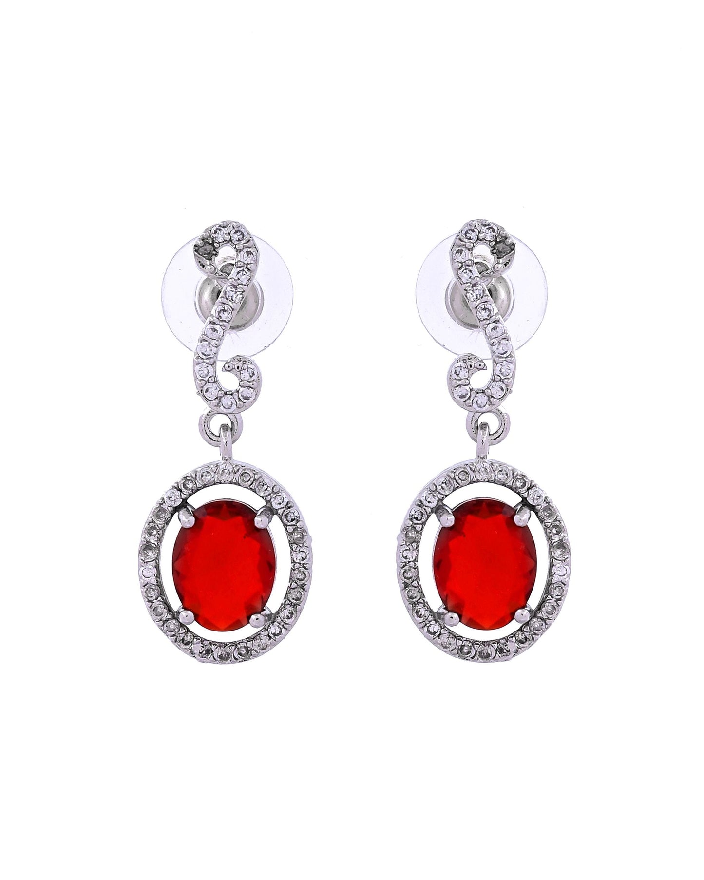 VOJ Silver Plated Oval Ruby Red Stone Studded Ad Jewellery Set