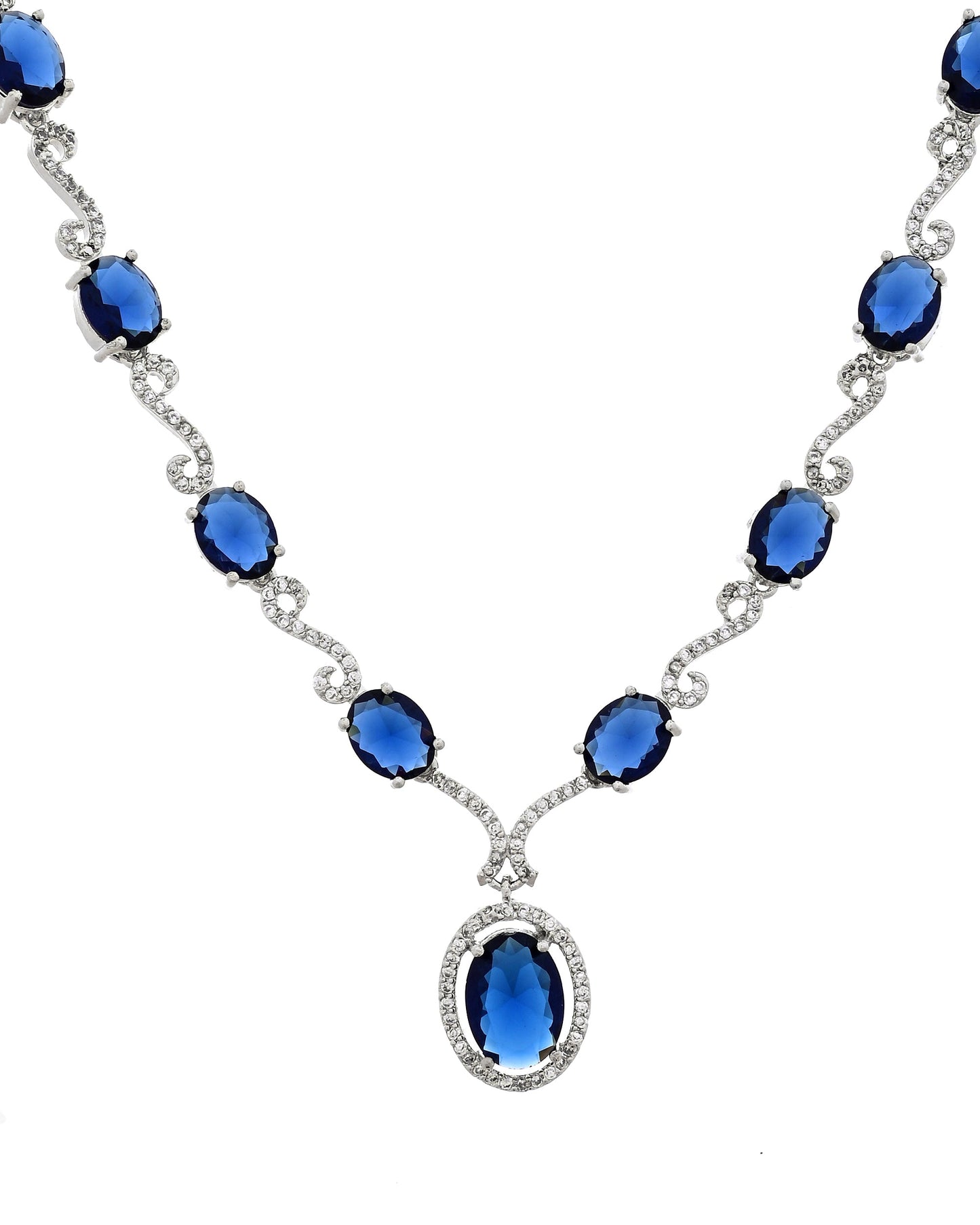 VOJ Silver Plated Oval Blue Stone Studded Ad Jewellery Set