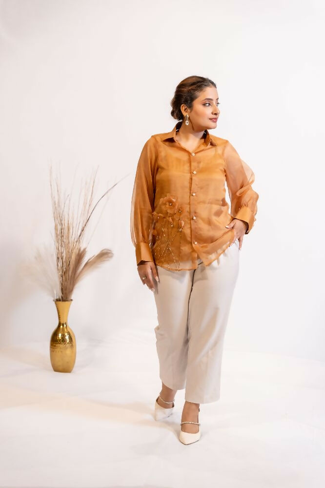 Timaraa Rust Brown Organza Shirt With Pearl & Katdana Embellishment