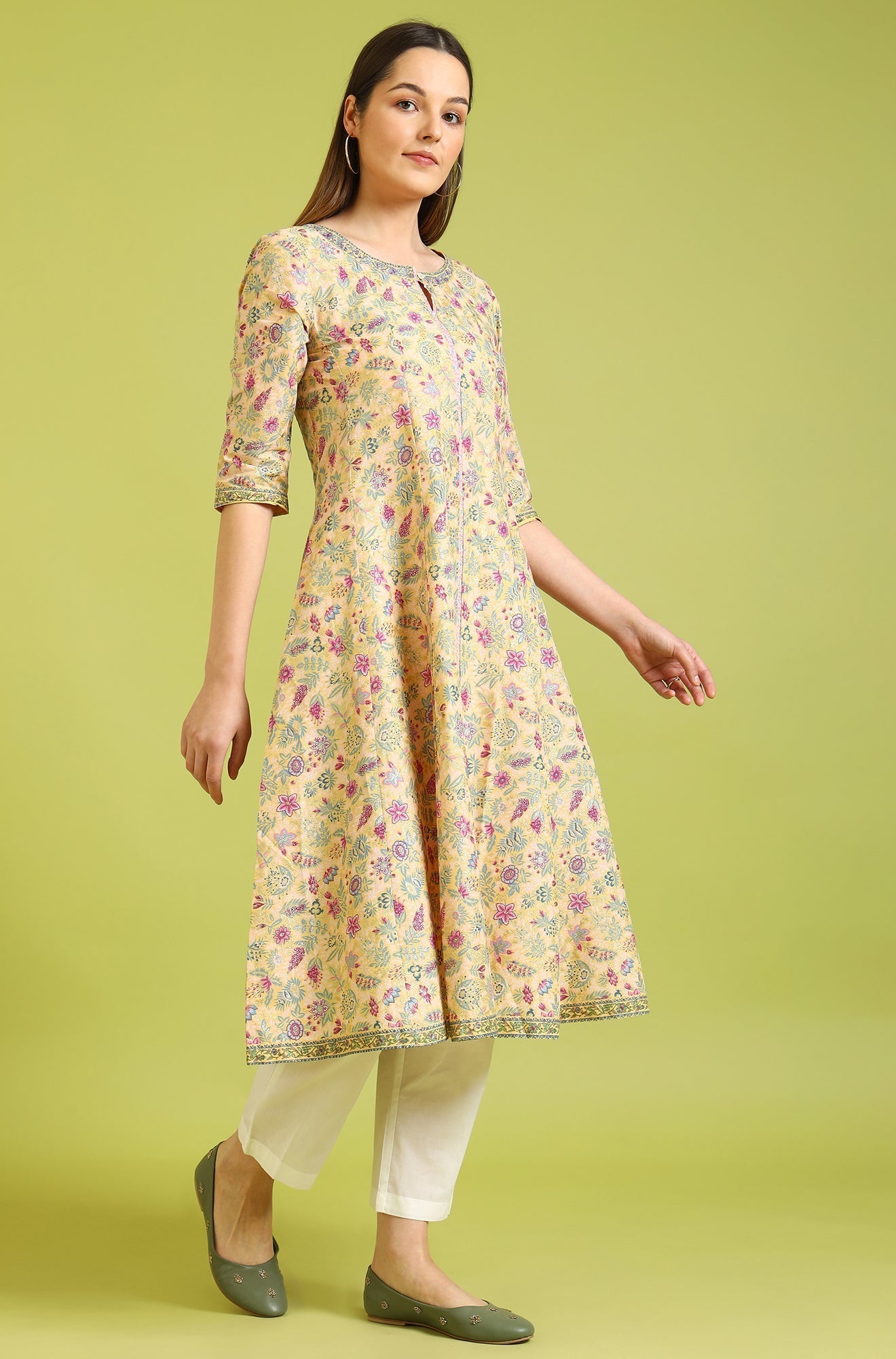 W for Woman Yellow Floral Glitter Printed Pure Cotton Anarkali Kurta