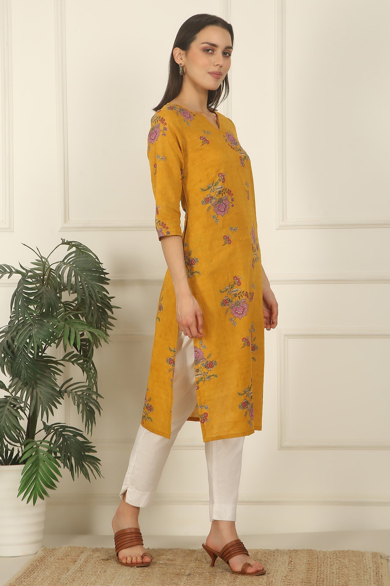W for Woman Mustard Yellow Swiss Dot Textured Cotton Straight Kurta