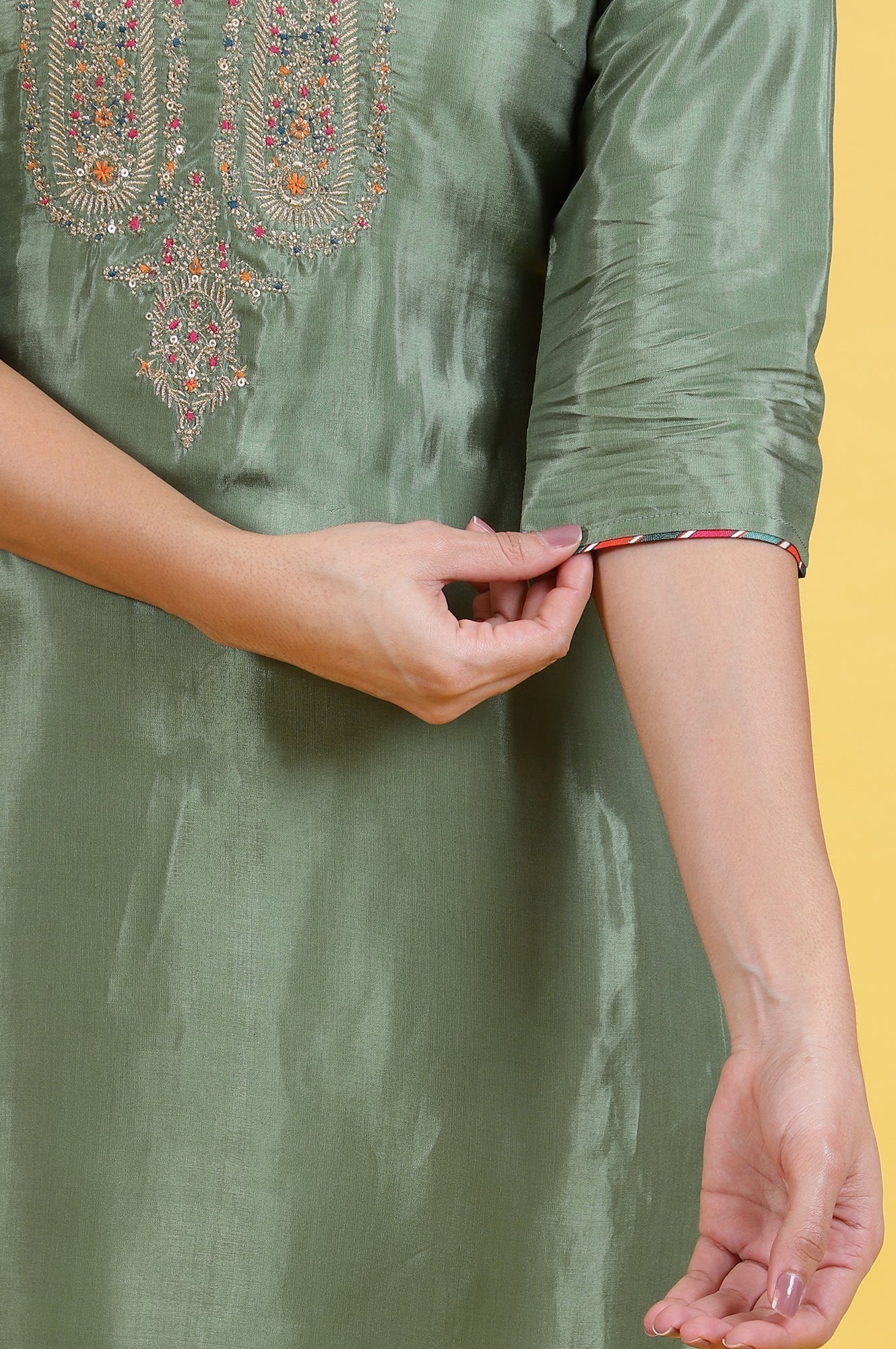 W for Woman Light Green Embroidered Shantung Straight Kurta