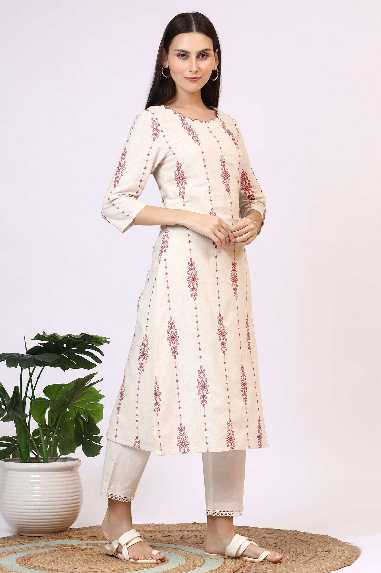 W for Woman Light Beige Thread Embroidered Cotton Flax Straight Kurta