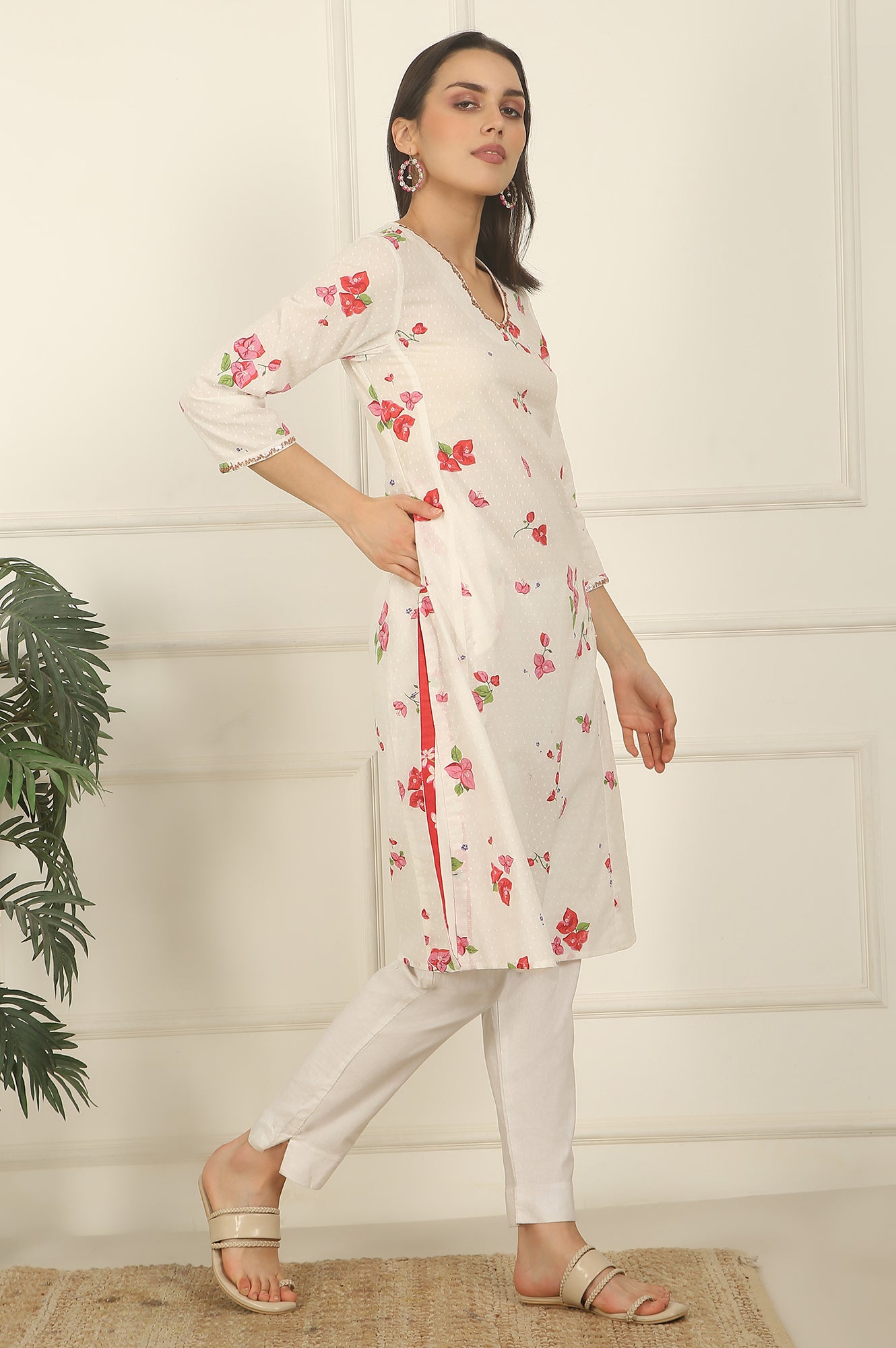 W for Woman White Floral Printed Swiss Dot Cotton A-line Kurta