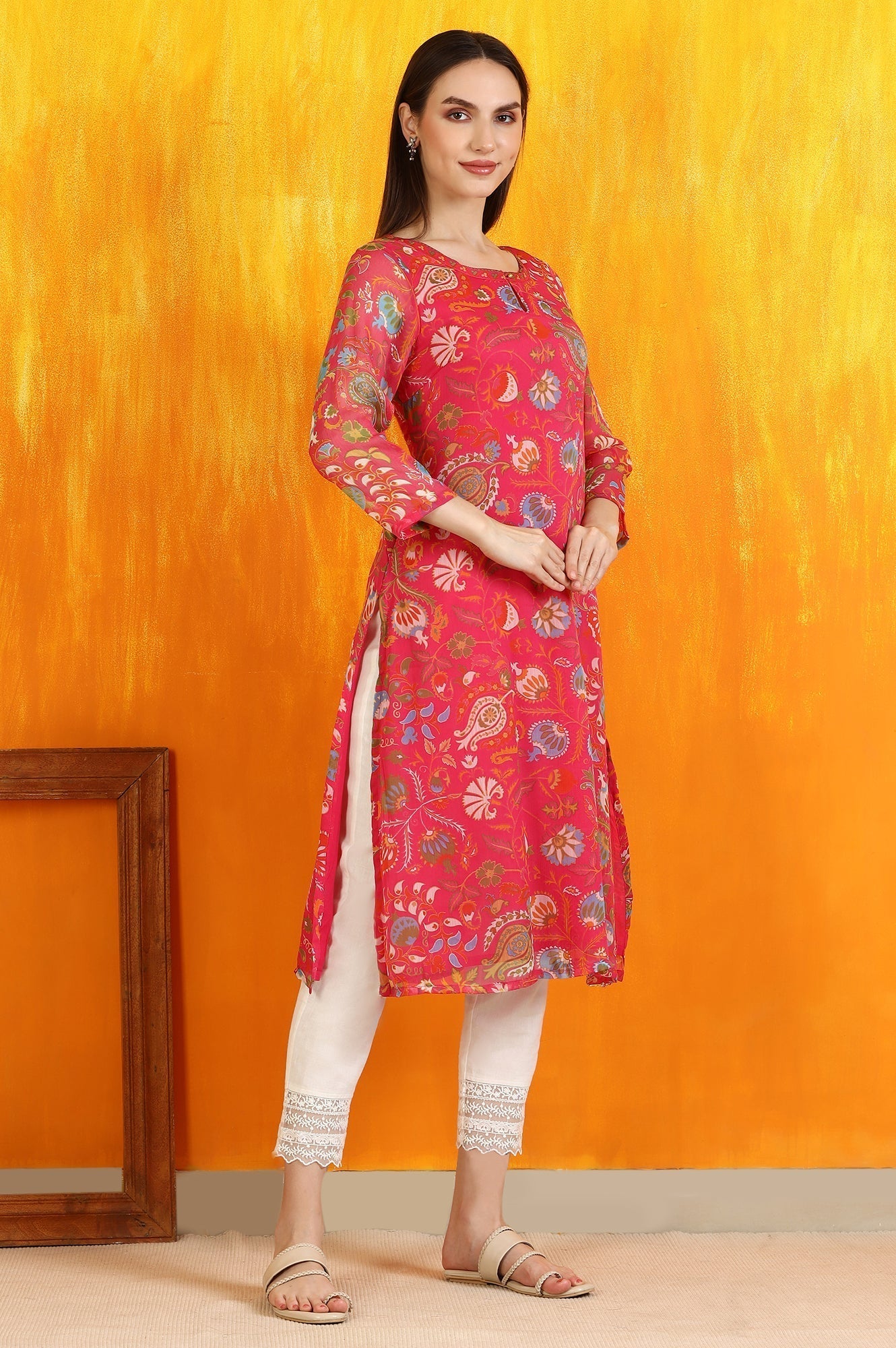 W for Woman Pink Floral Printed Chiffon Straight Kurta