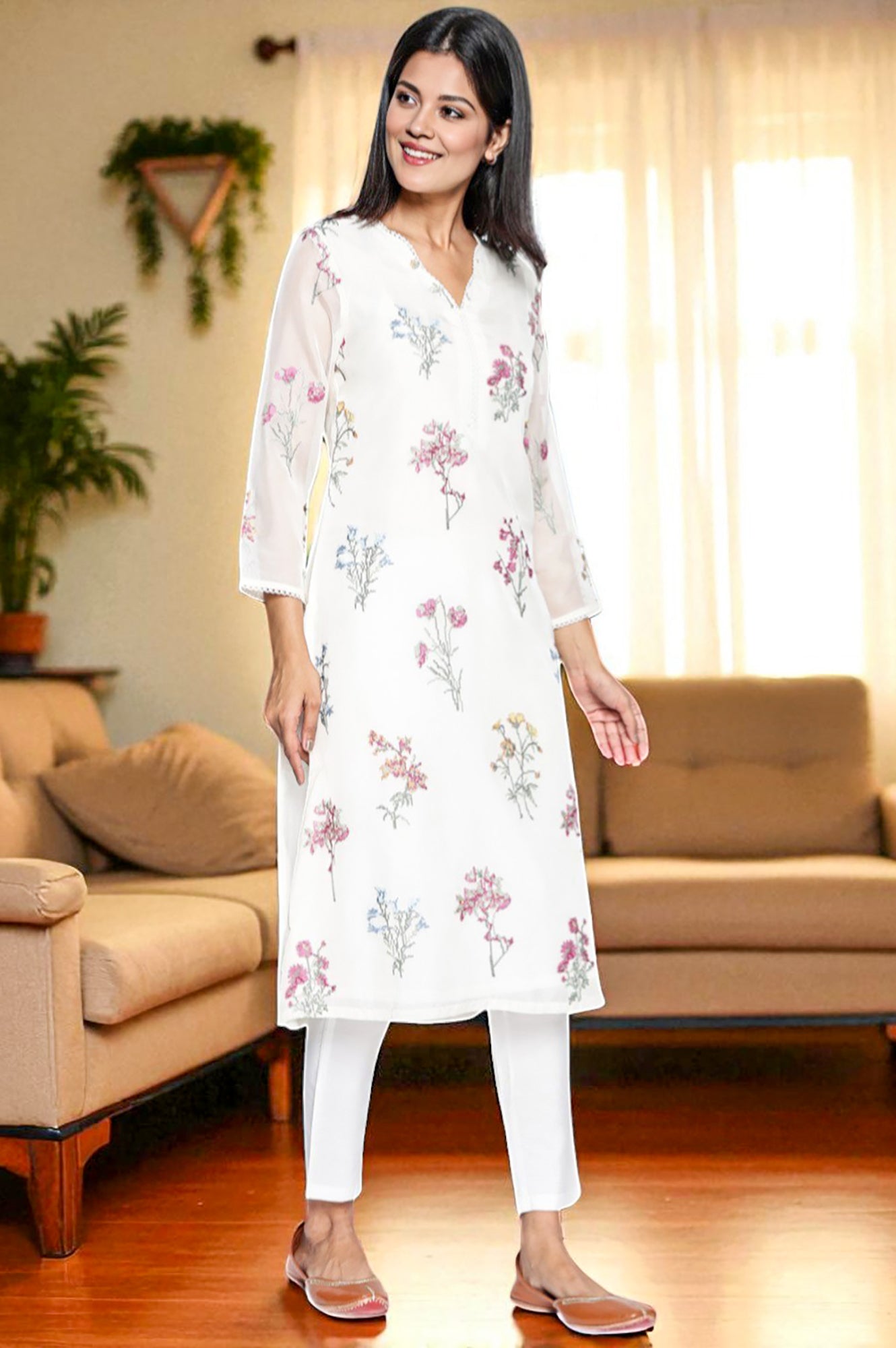W for Woman White Embroidered Printed Organza Straight Kurta