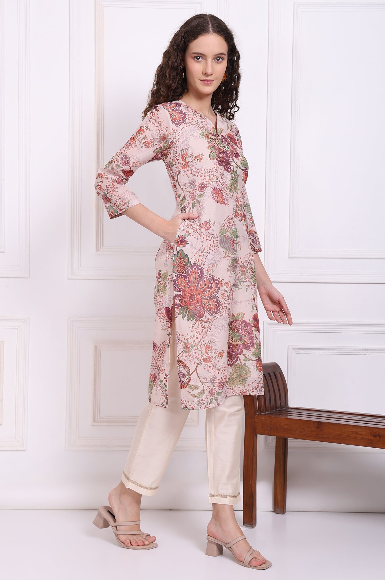 W for Woman Beige Floral Printed Chanderi Straight Kurta