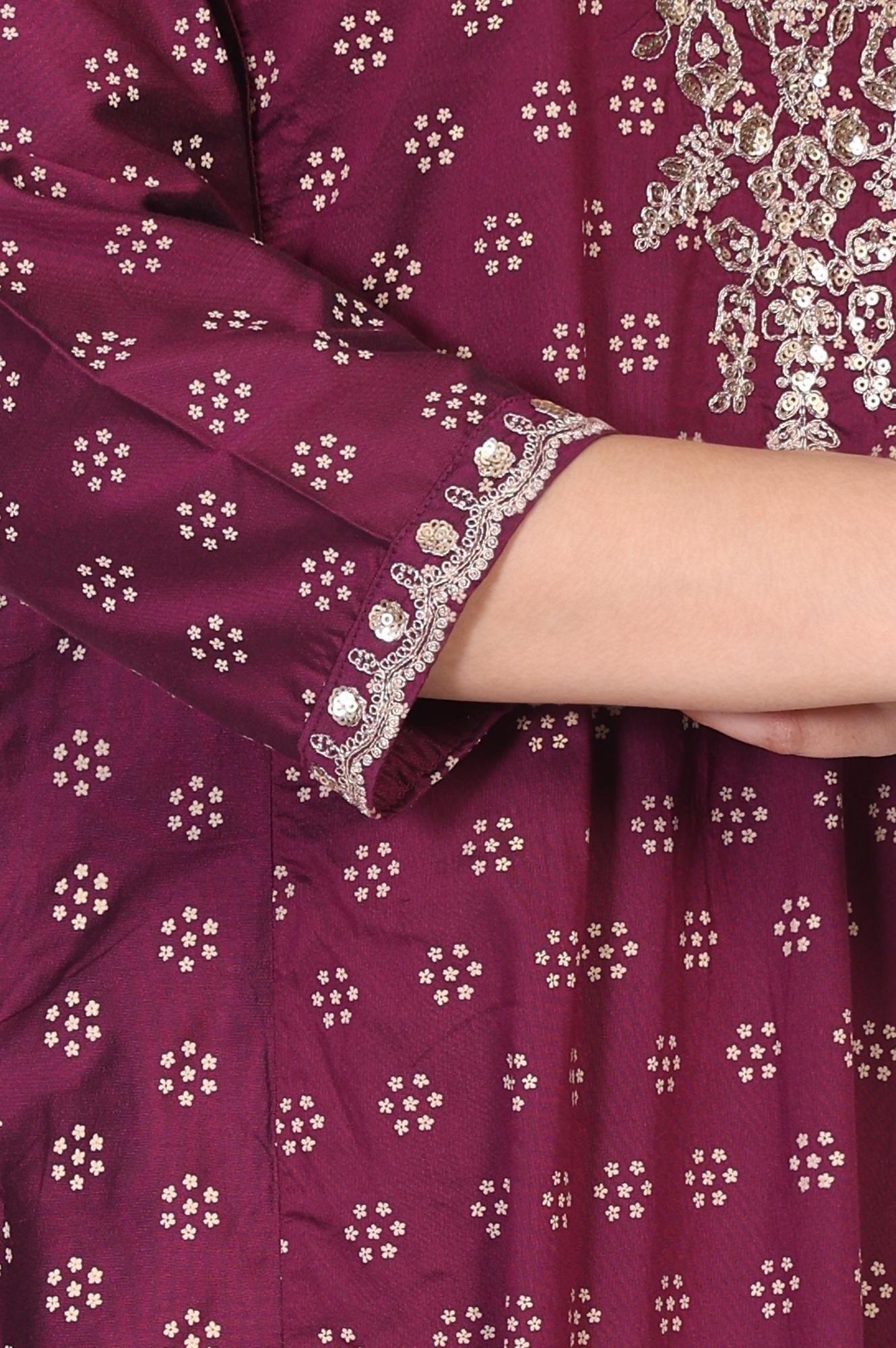 W for Woman Purple Floral Print Embroidered Straight Silk Kurta