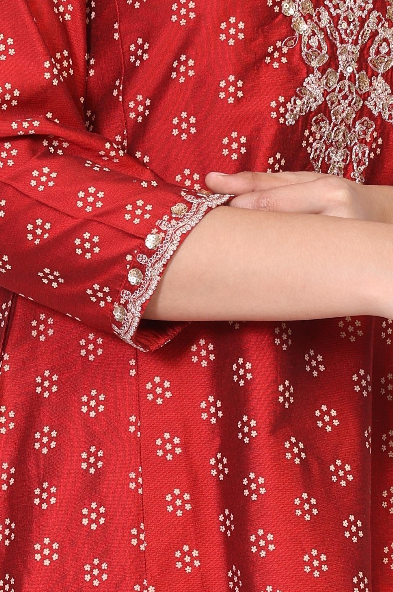 W for Woman Red Floral Print Embroidered Straight Silk Kurta