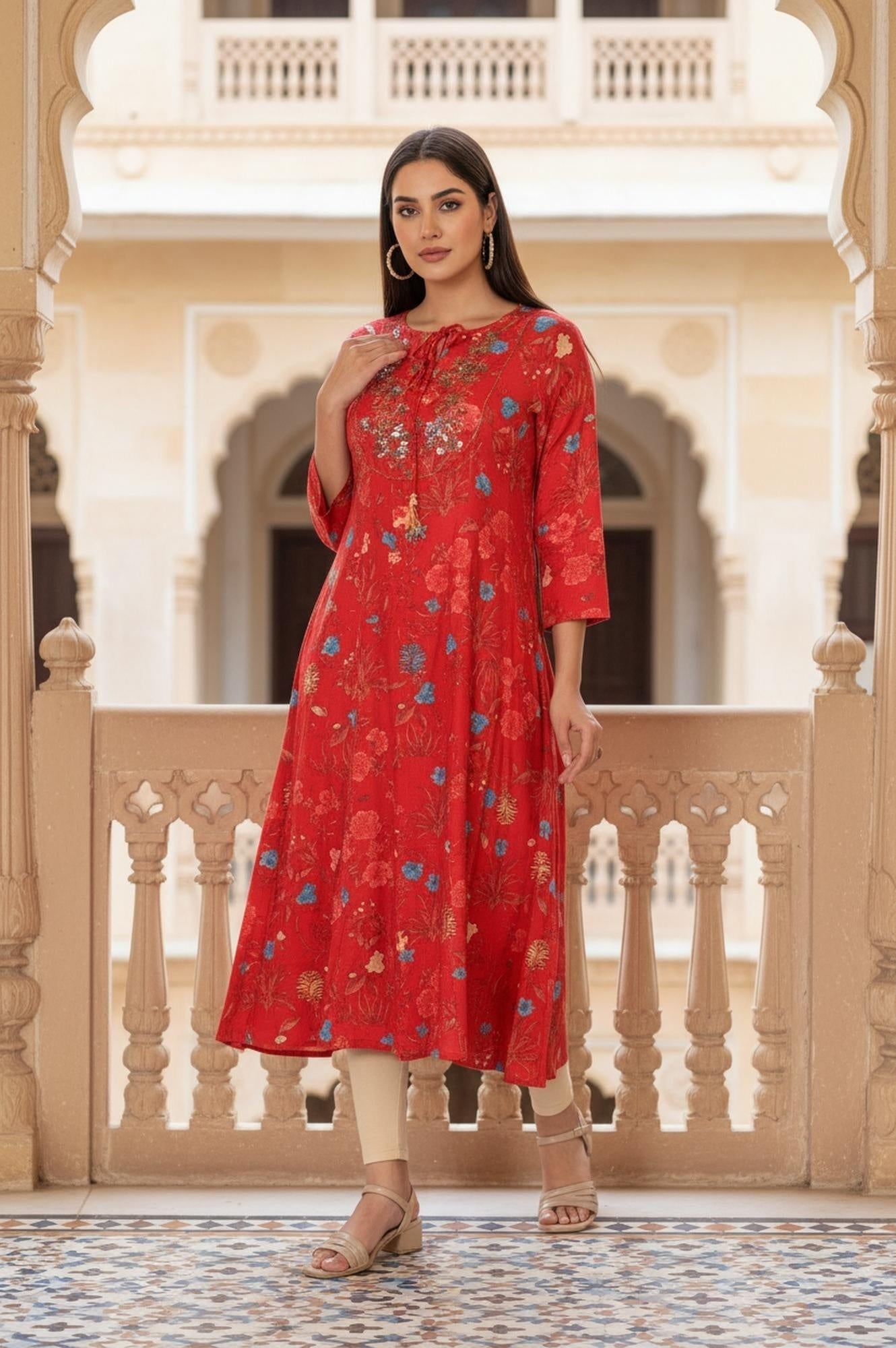 W for Woman Red Floral Print Embroidered Sequined A-Line Shantung Kurta