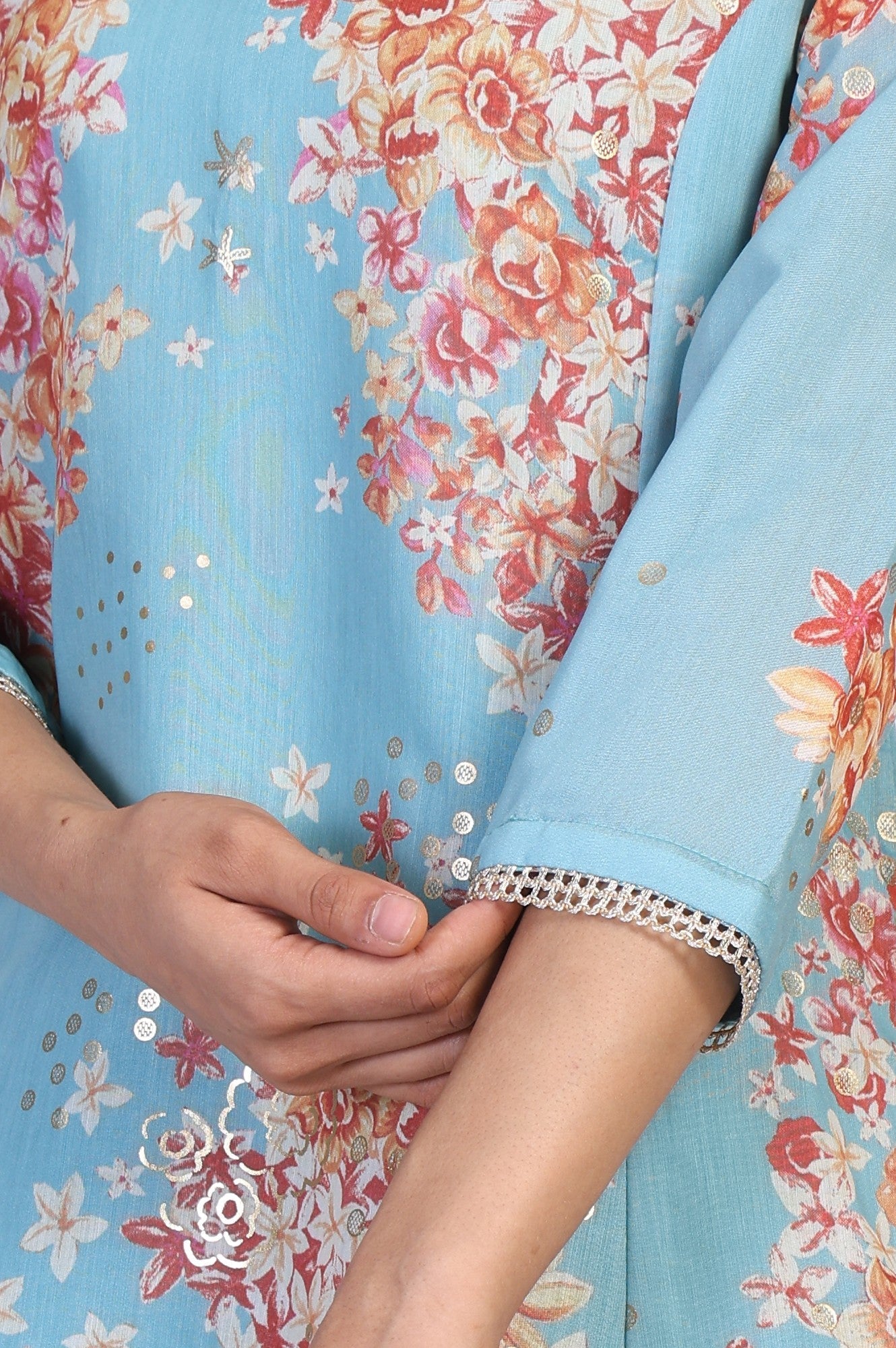 W for Woman Turquoise Blue Floral Print Tape A-Line Chanderi Kurta