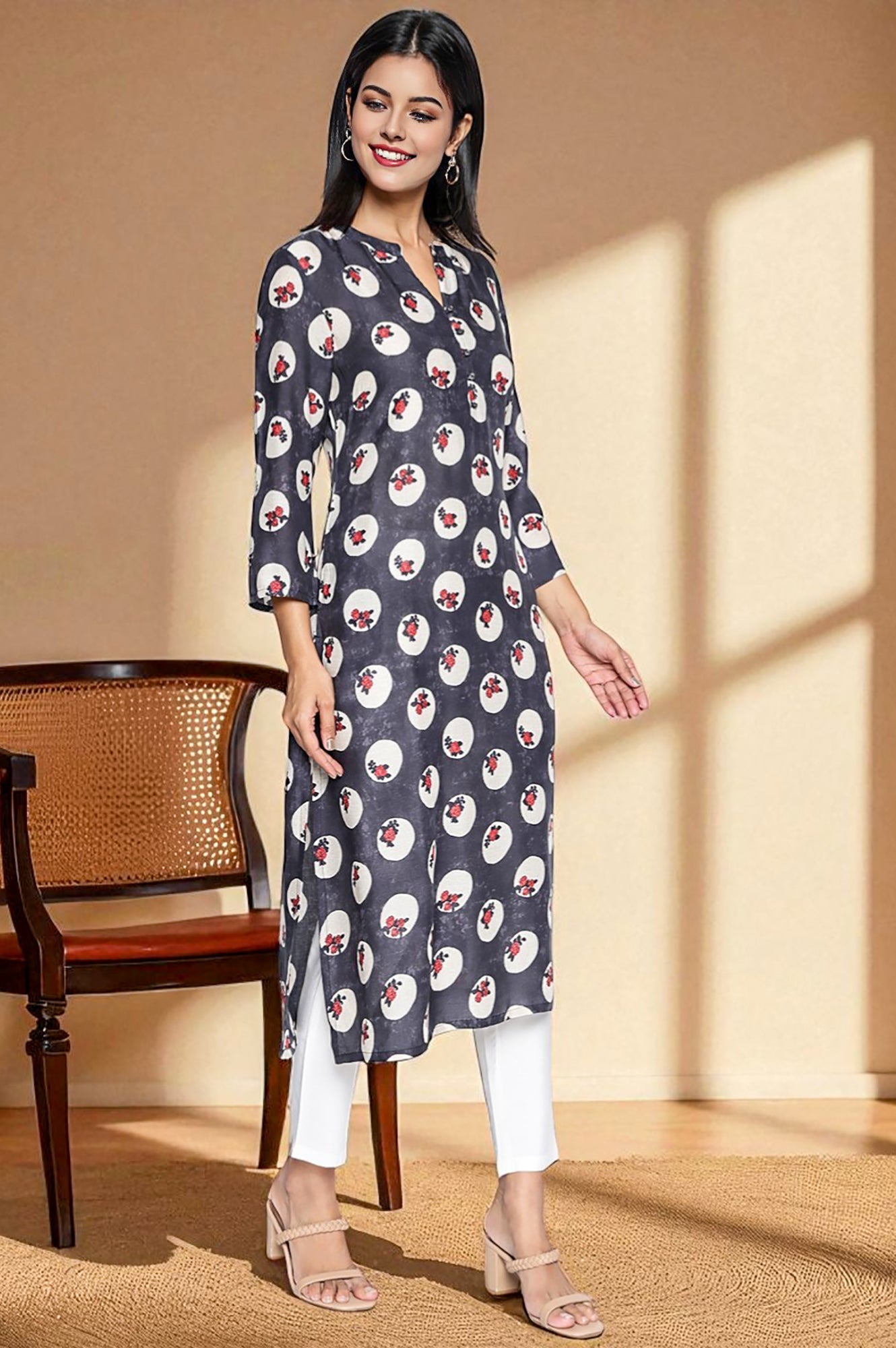 W for Woman Charcoal Grey Printed Modal Straight Kurta