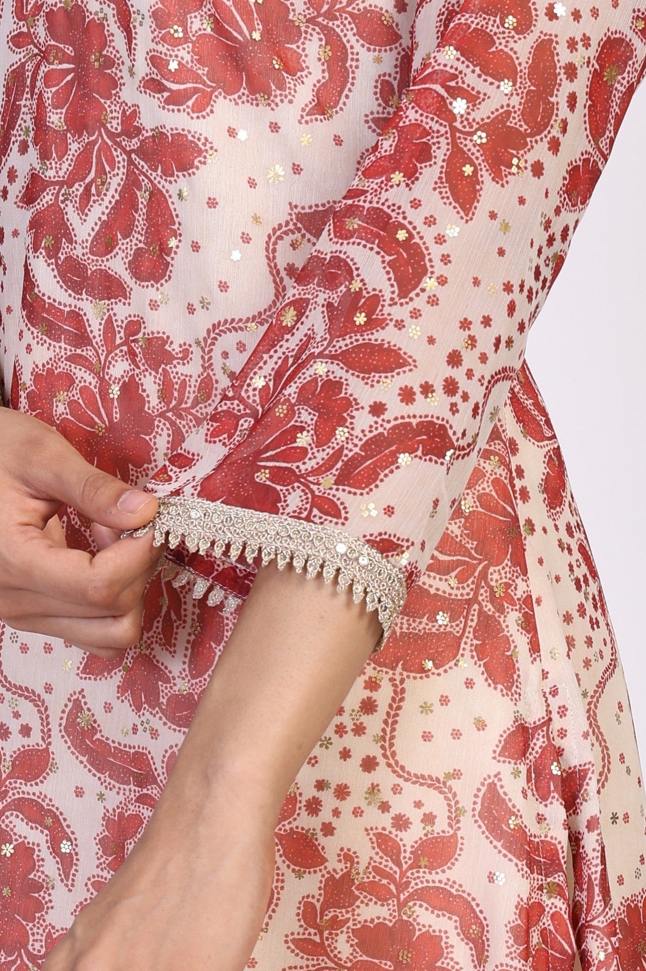 W for Woman Red Floral Print Lace A-Line Chiffon Kurta