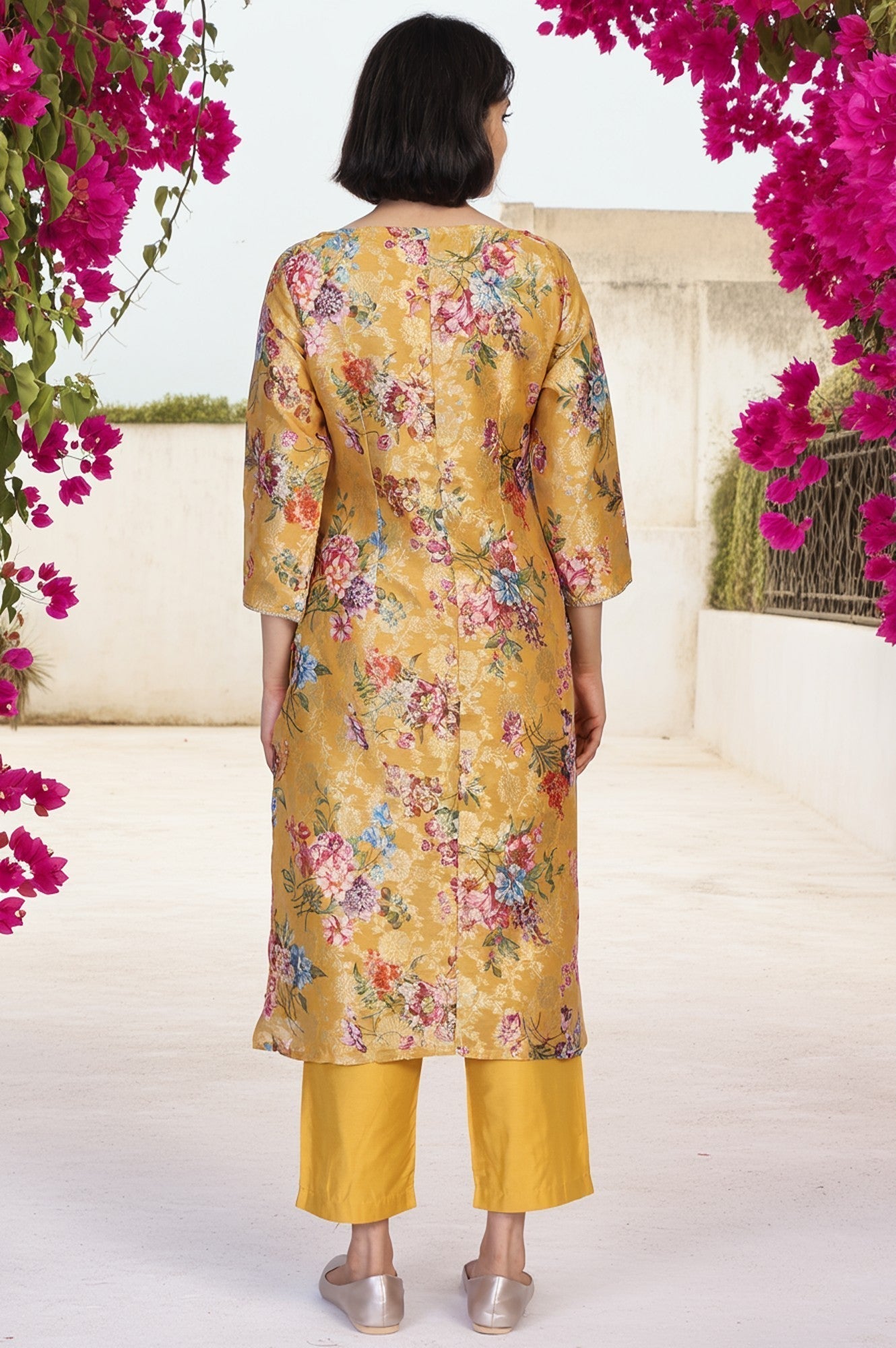 W for Woman Yellow Floral Print Tape Straight Jacquard Kurta