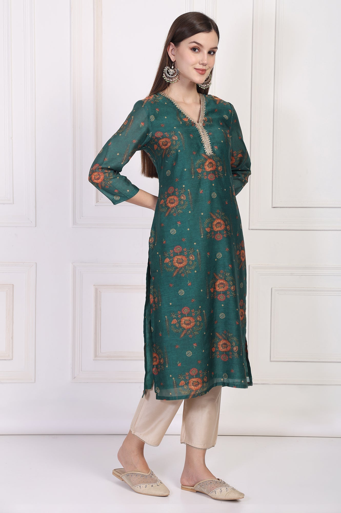 W for Woman Teal Floral Printed Embellished Straight Silk Kurta
