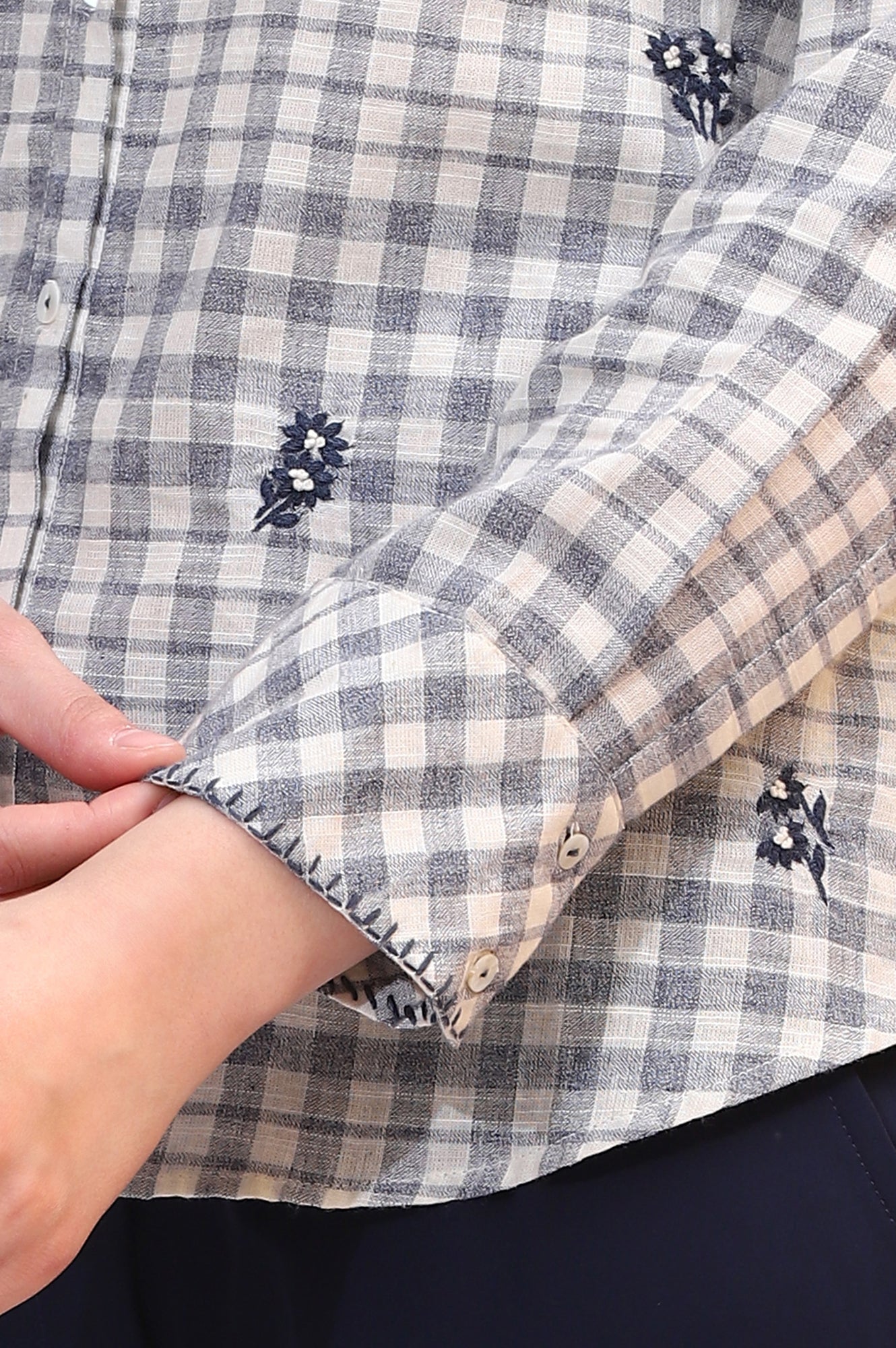W for Woman Off-White and Blue Checker Thread Embroidered Cotton Flax Shirt
