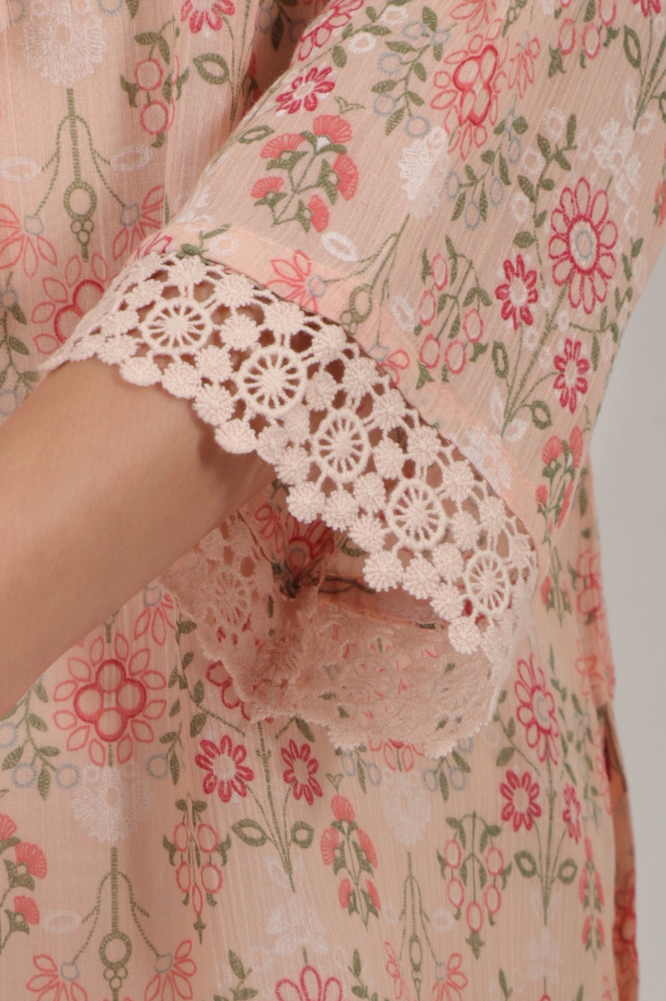W for Woman Pink Printed Cotton Crepe Top with Crochet Lace