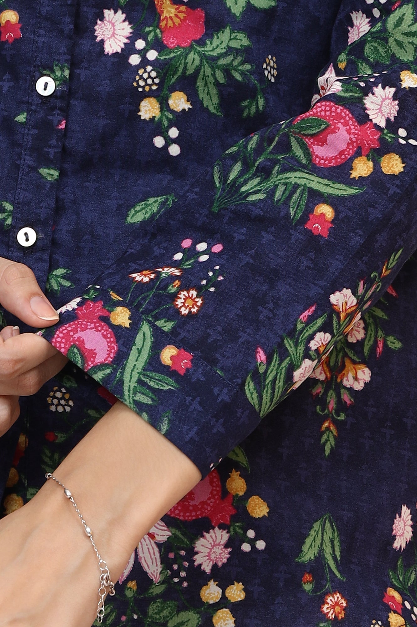 W for Woman Navy Blue Floral Printed Pure Cotton Ethnic Shirt