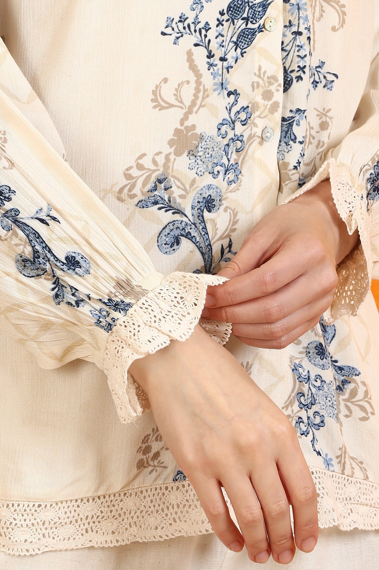 W for Woman Off-White Floral Printed Rayon Crepe Top with Lace