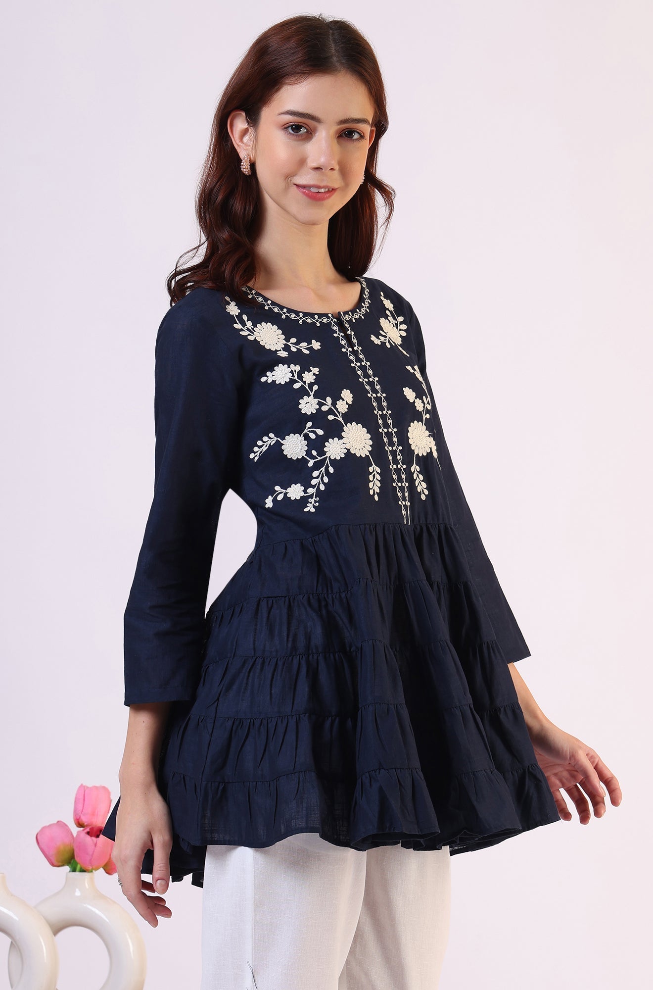 W for Woman Embroidered Flared Pure Cotton Top