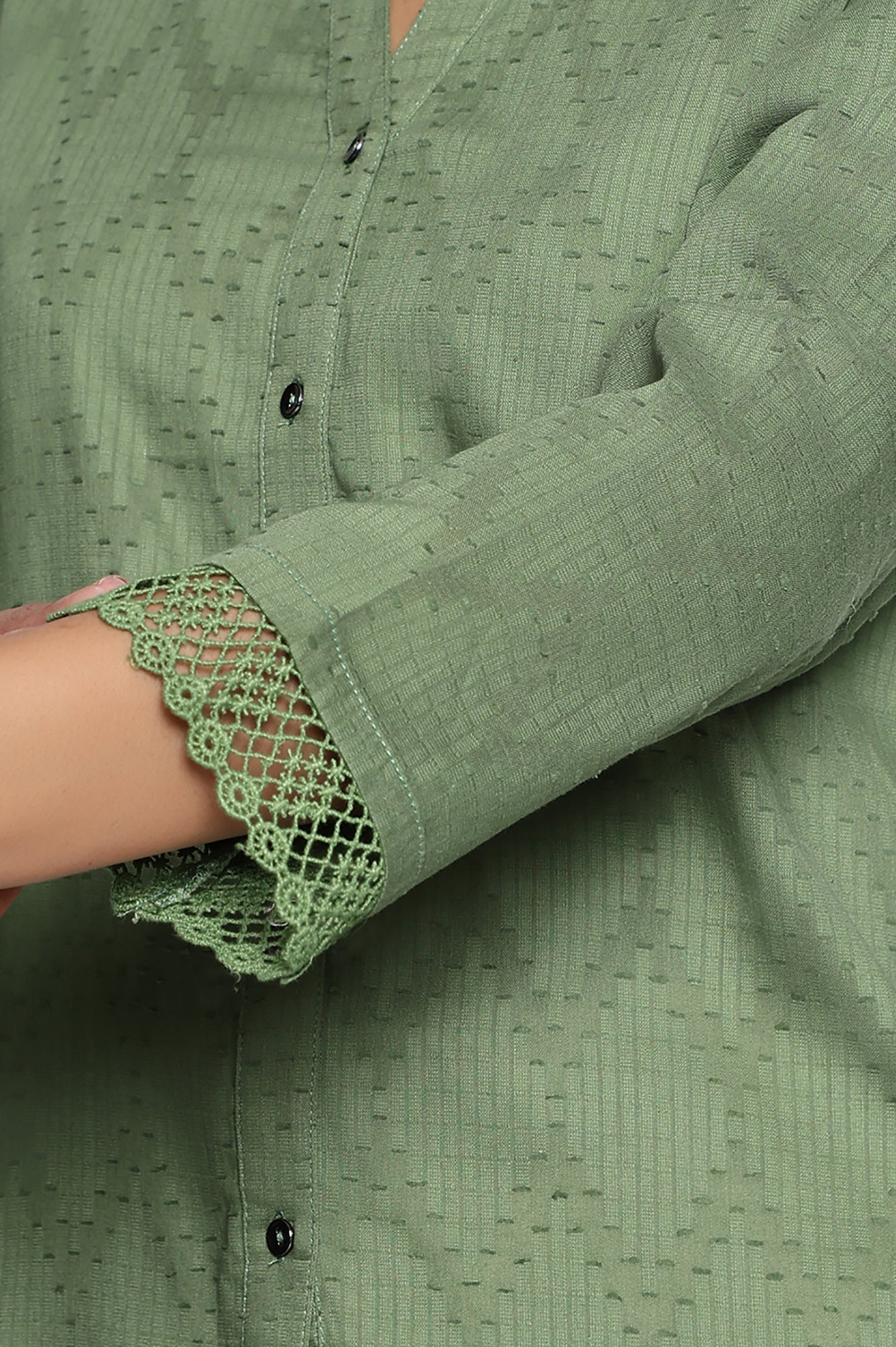 W for Woman Green Yarn Dyed Printed Pure Cotton Straight Top