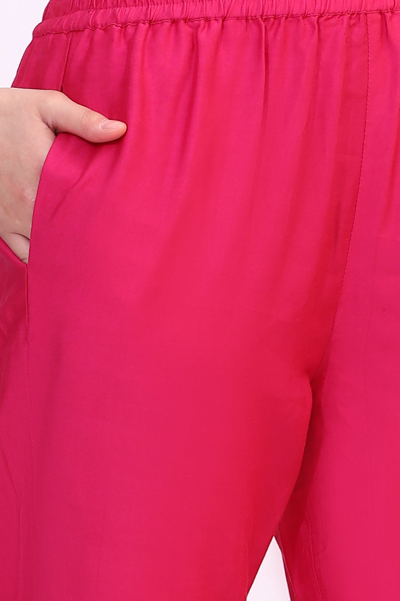 W for Woman Fuchsia Pink Solid Straight Pants with Sequined Hemline
