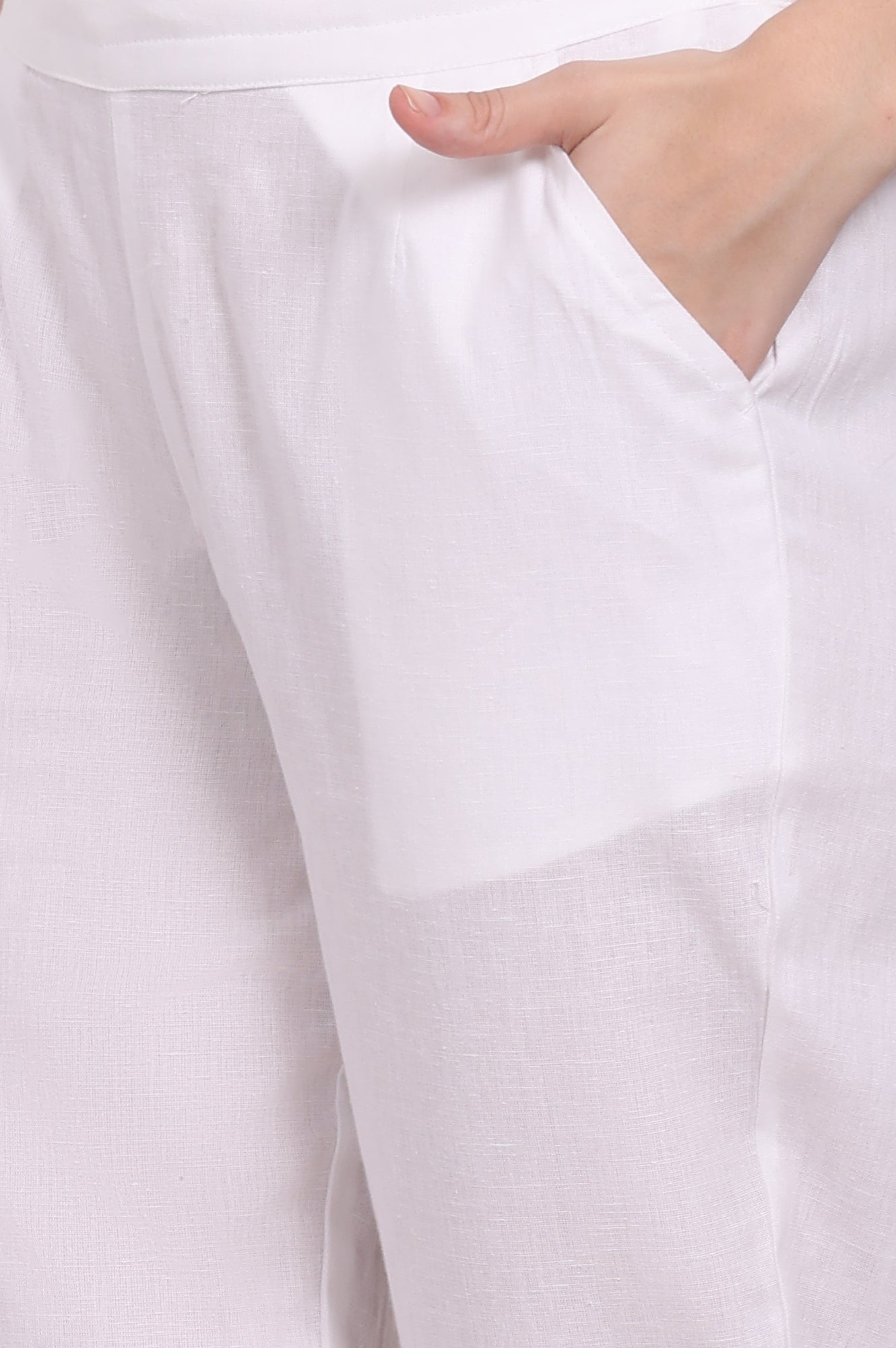 W for Woman White Solid Cotton Flax Straight Pants in Mid-rise