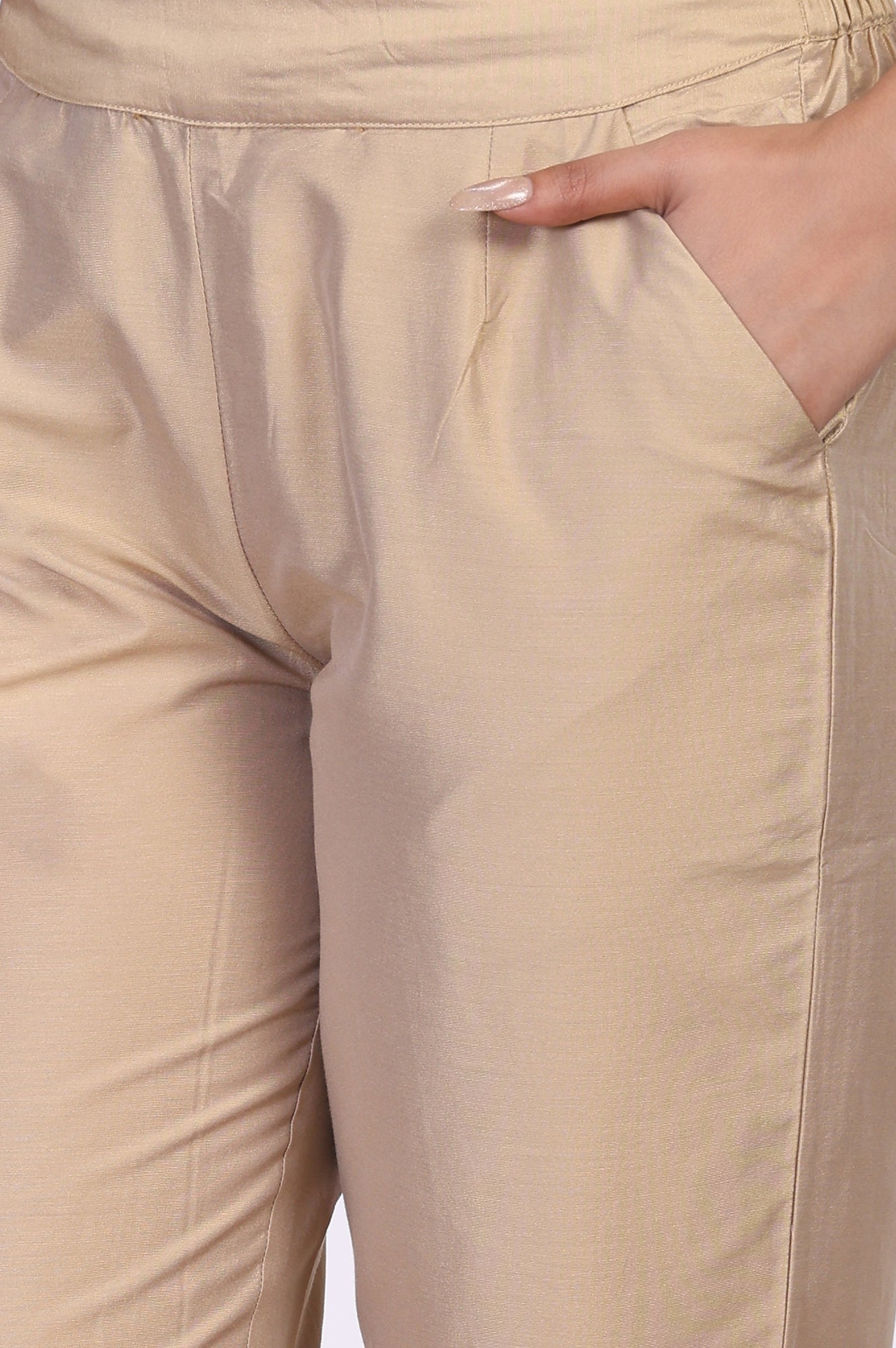 W for Woman Beige Solid Cropped Rayon Straight Pant