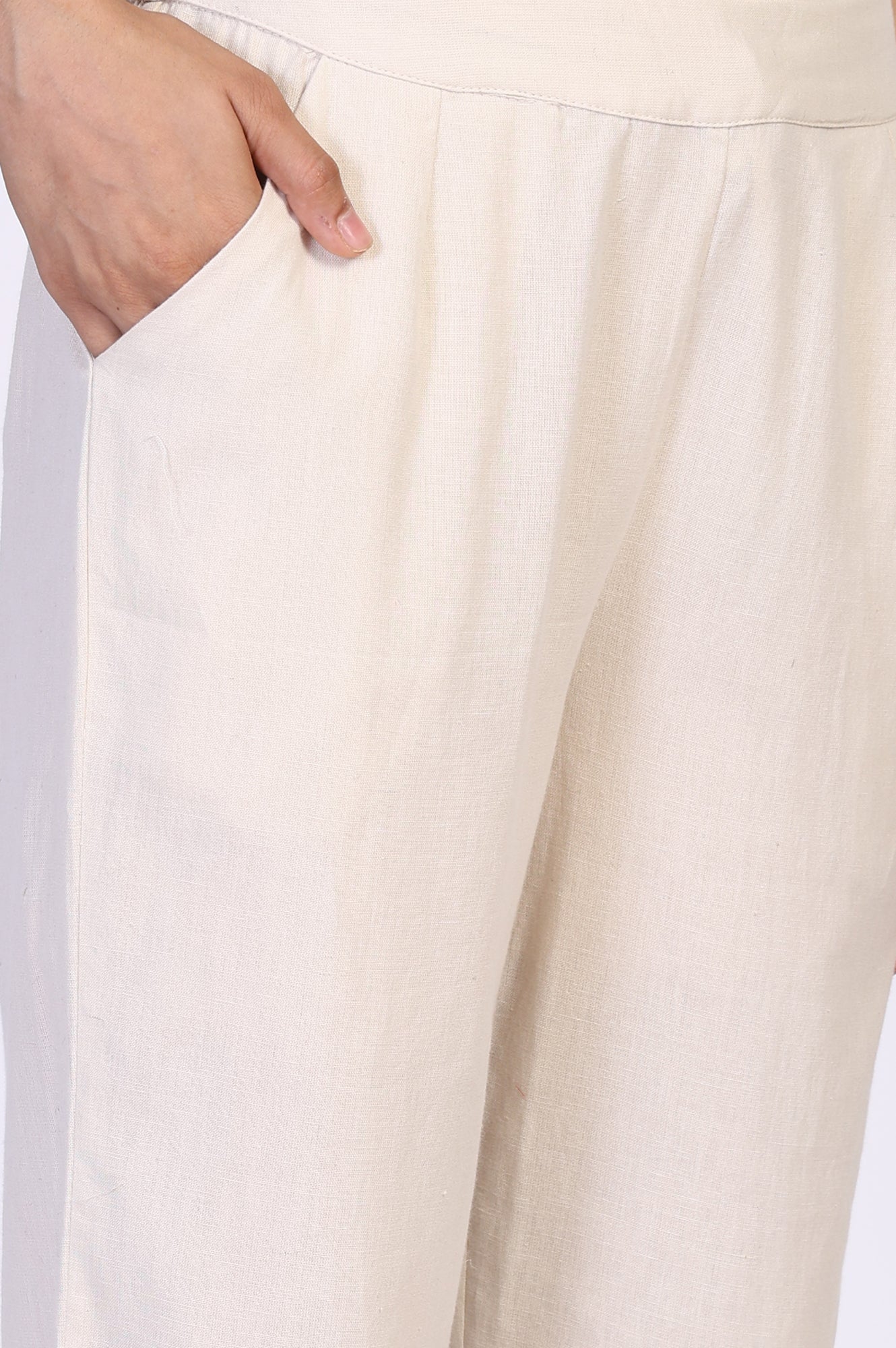 W for Woman Off-White Embroidered Cropped Cotton Straight Pant