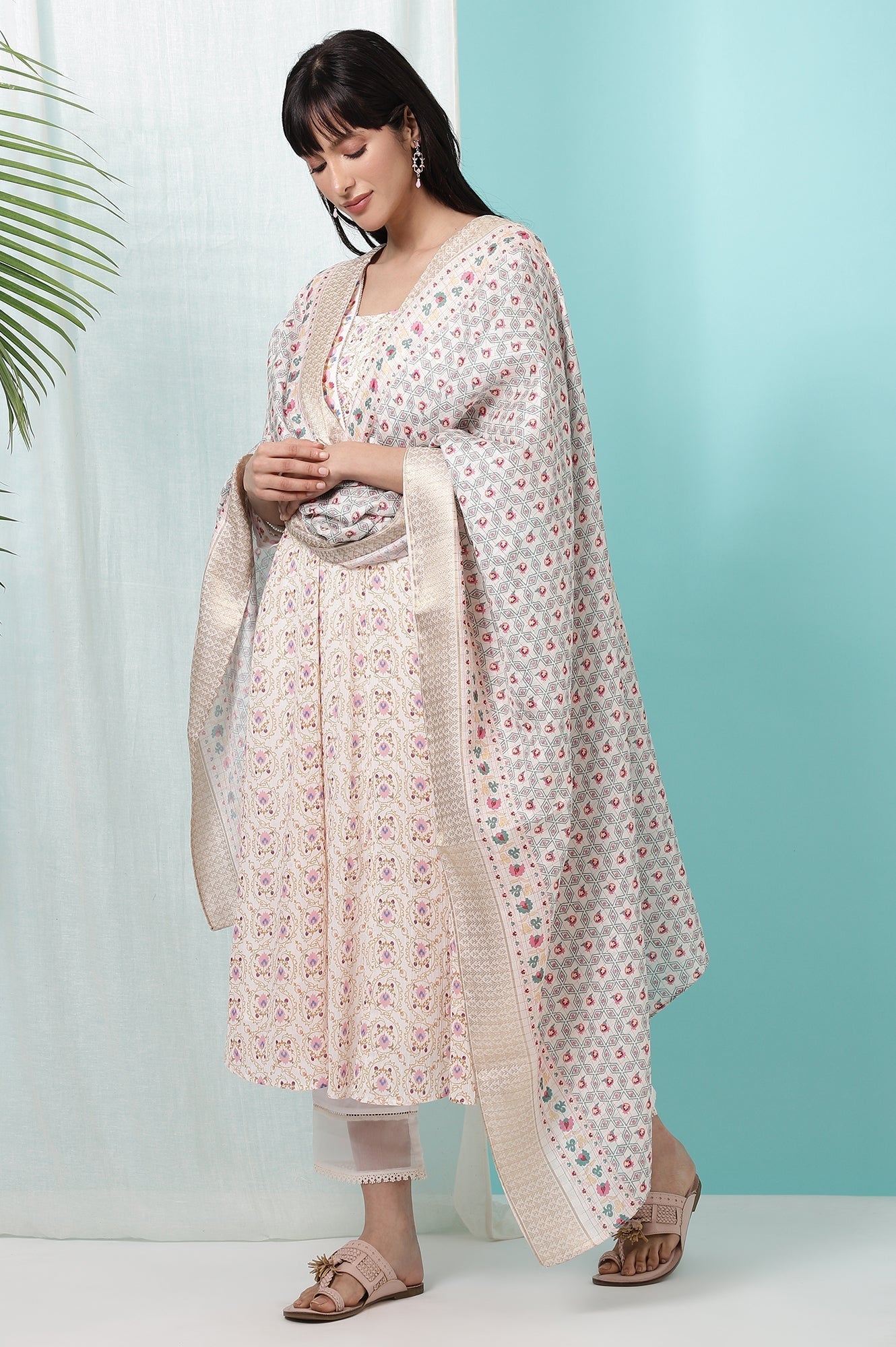 W for Woman Ivory Printed Jacquard Silk Dobby Dupatta