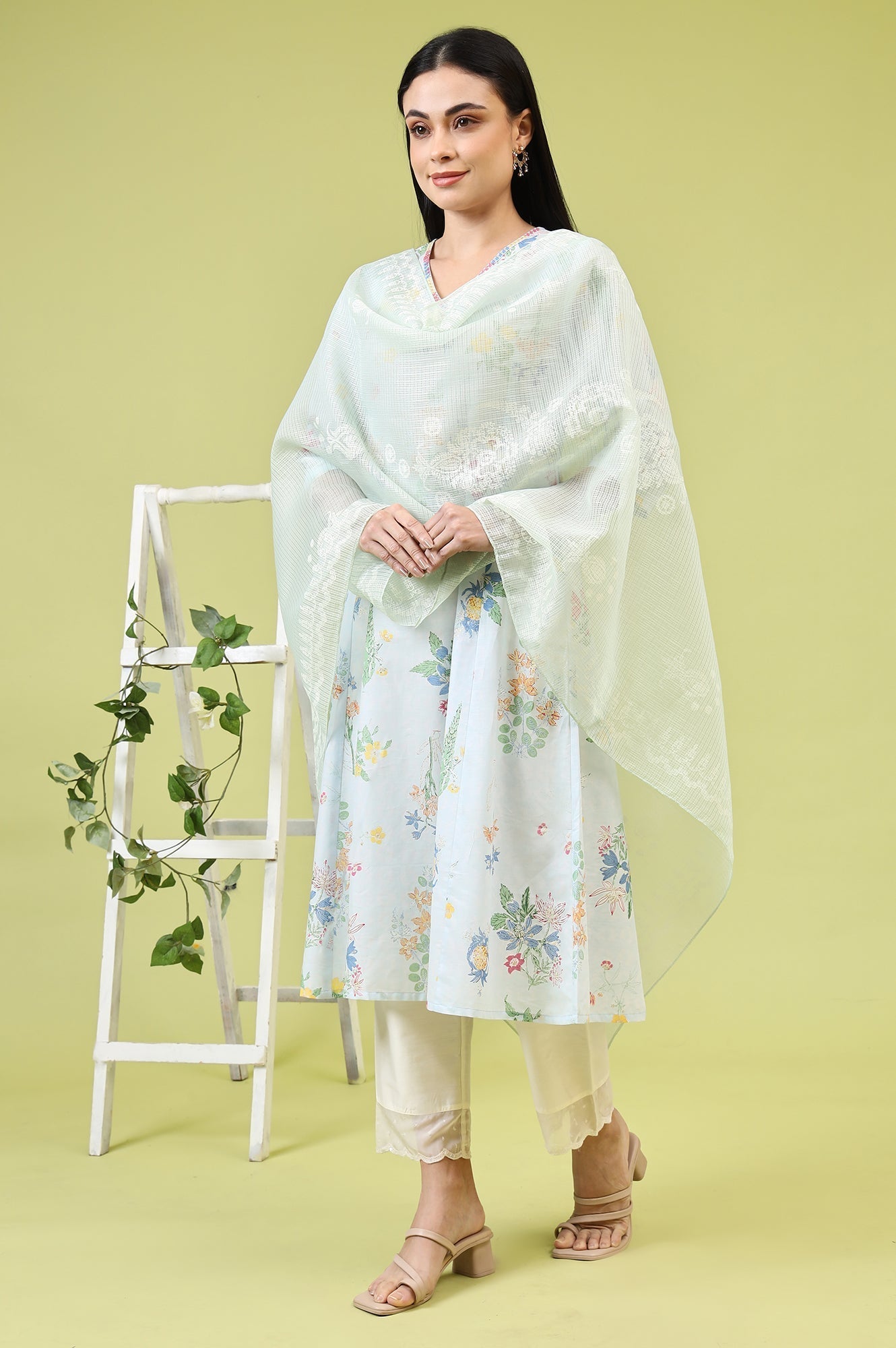 W for Woman Mint Blue Floral Printed Kota Dupatta