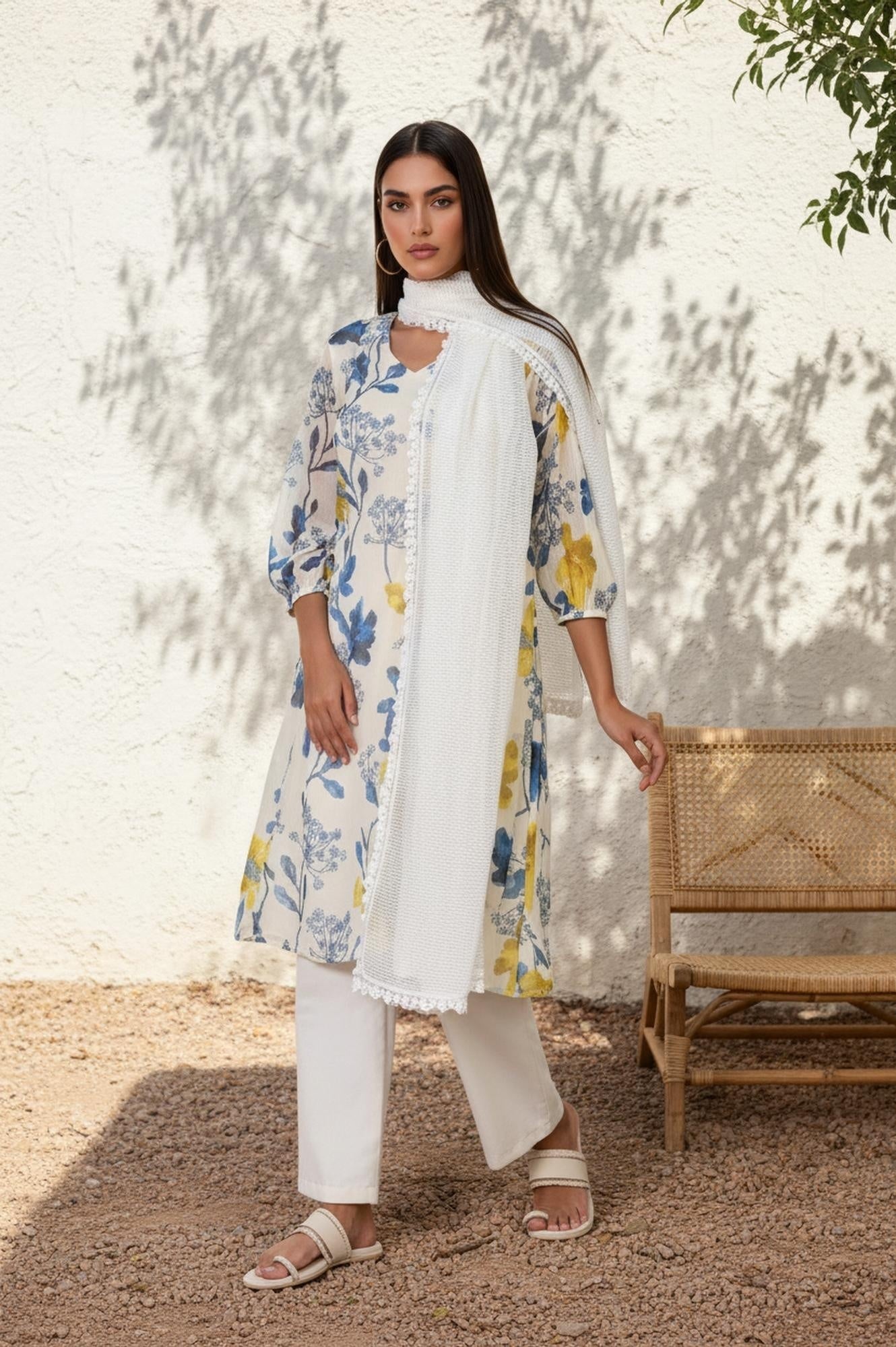 W for Woman White Striped Lace Detail Straight Woven Dupatta