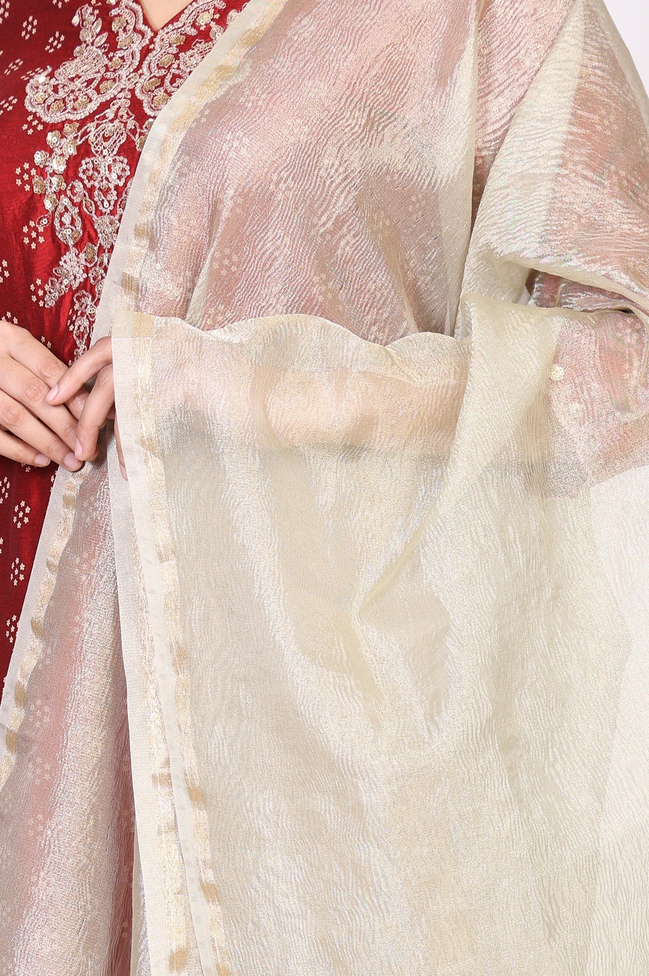 W for Woman Gold Crushed Solid Zari Work Tissue Dupatta
