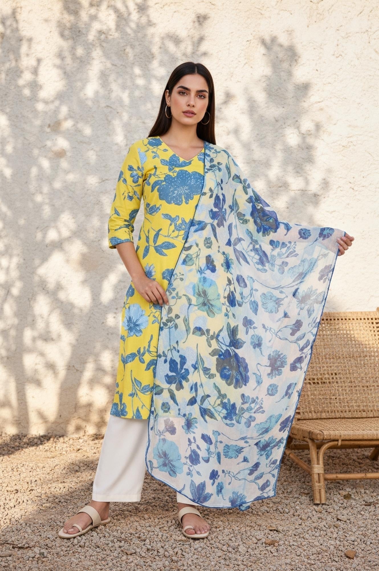 W for Woman Blue Floral Printed Chiffon Dupatta with Lace