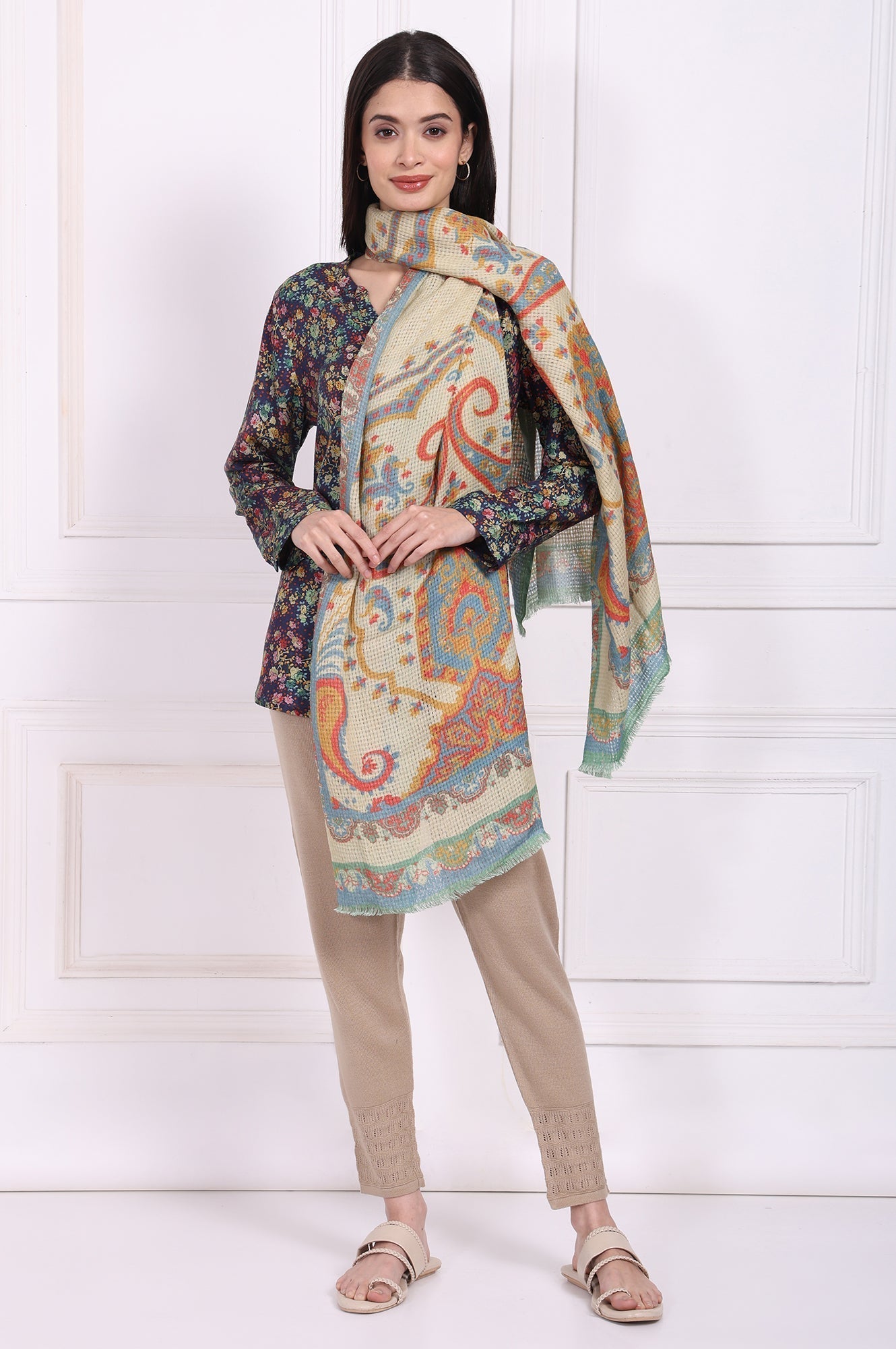 W for Woman Beige Paisley Wool Stole