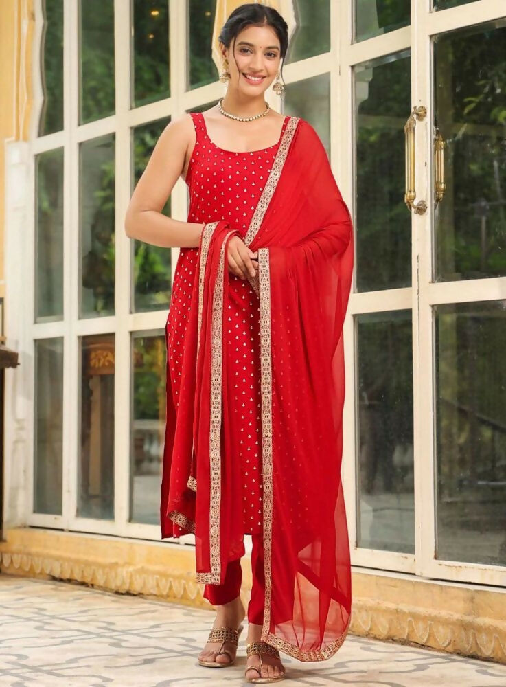 Teeya Creation Womens New Elegant Red Embroidered Kurti with Matching Bottom Set