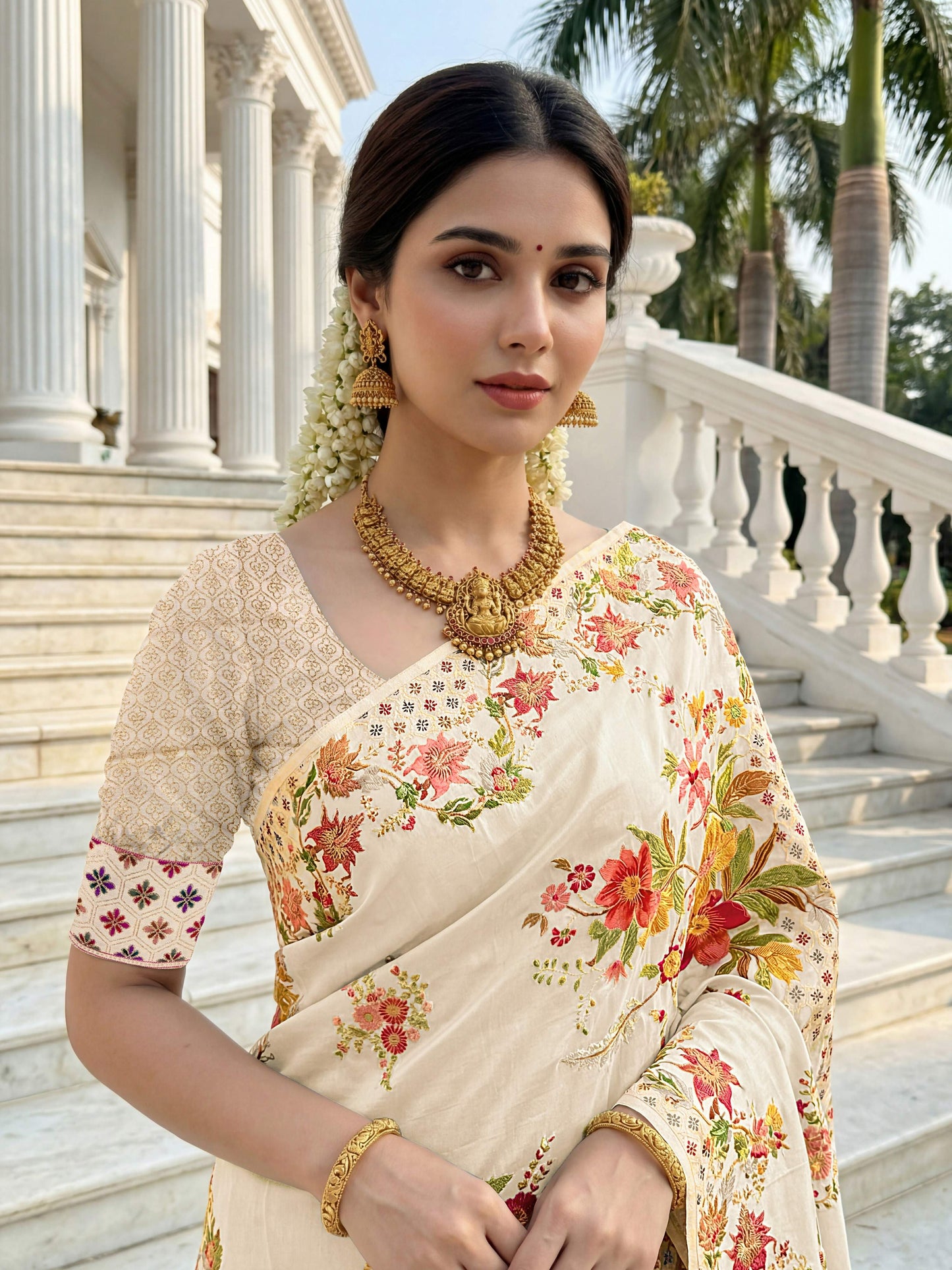 Aastha Fashion Cream Premium Russian Silk Designer Floral Position Print Saree