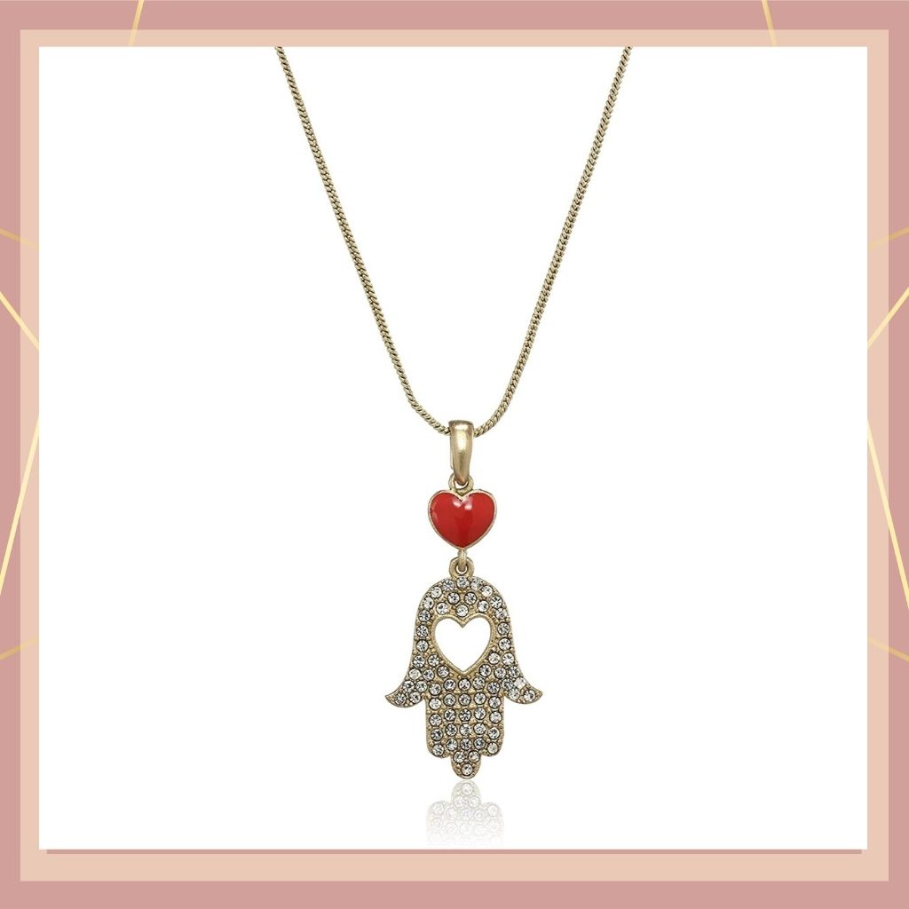 Estele gold plated white stone studded palm pendant with red heart for women