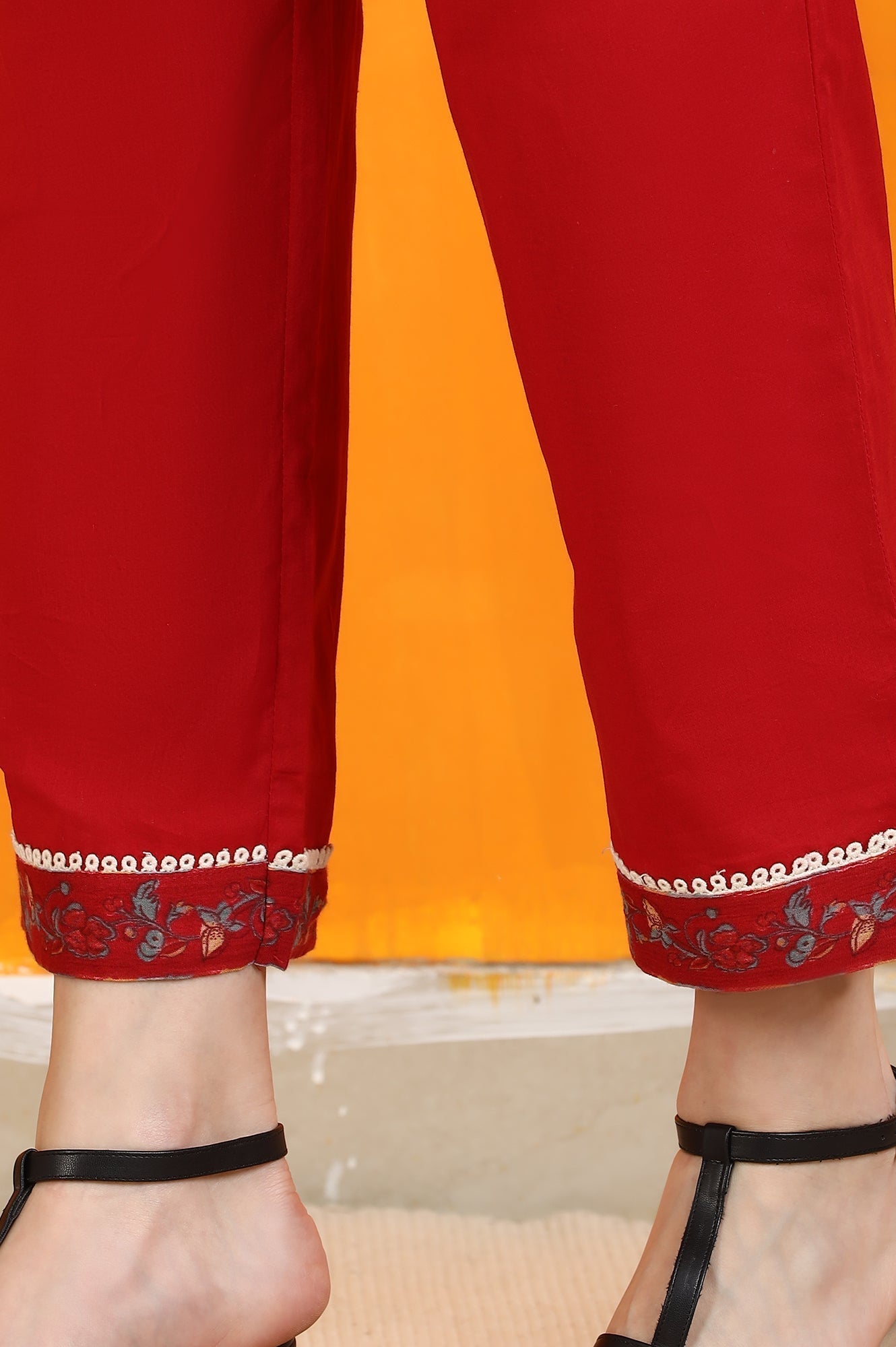 W for Woman Red Floral Printed Pure Cotton Flared Kurta and Pants Co-ord Set with Dupatta