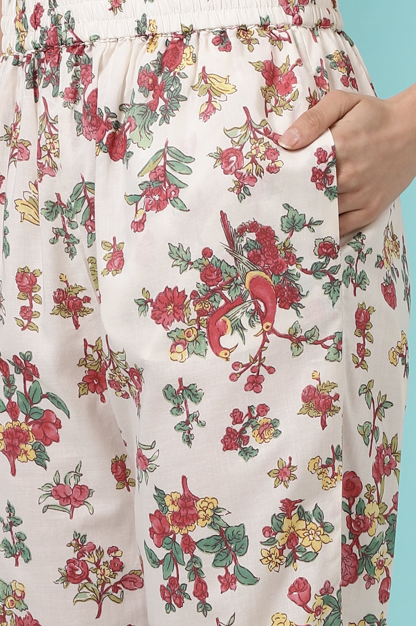 W for Woman White Floral Printed Textured Cotton Kurta, Pants and Dupatta Set