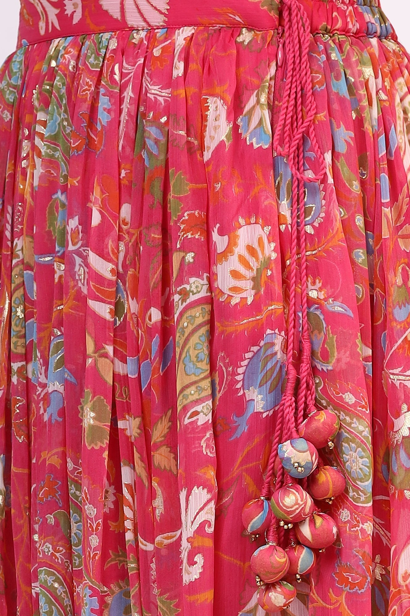 W for Woman Pink Floral Printed Embellished Chiffon Sleeveless Crop Top, Skirt and Dupatta Set