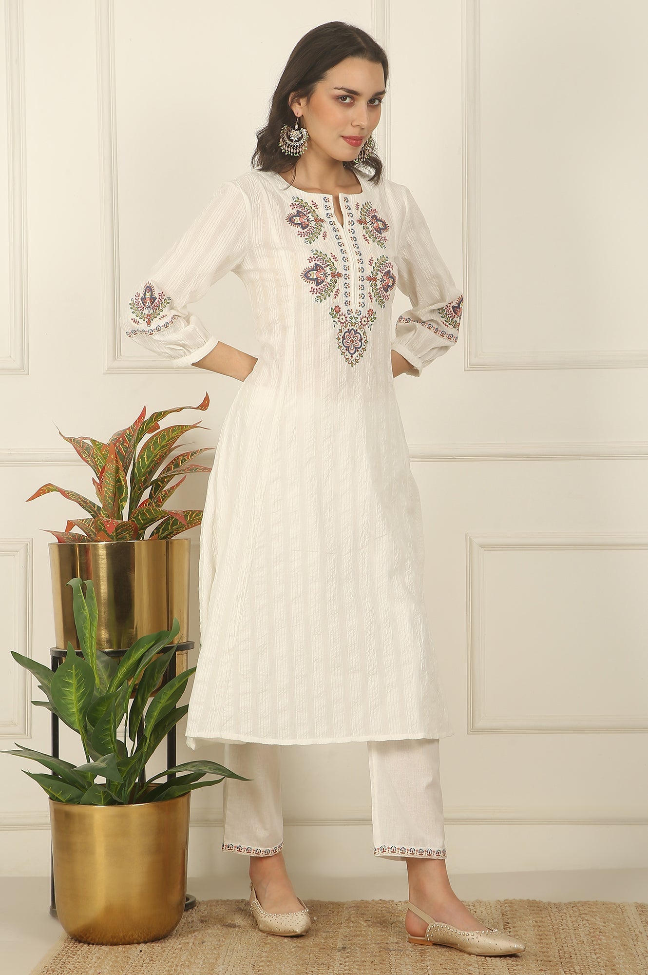 W for Woman White Thread Embroidered Pure Cotton Flared Kurta, Pants and Dupatta Set